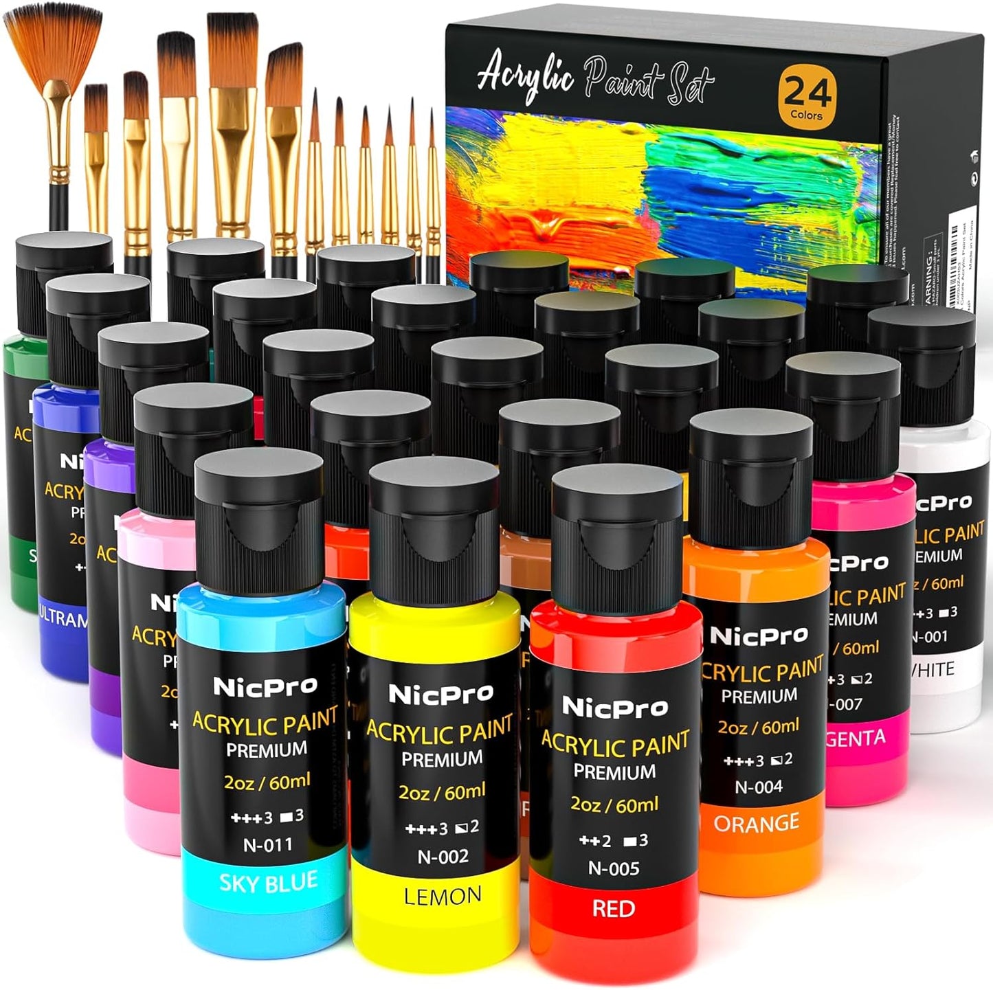 Nicpro Acrylic Paint Set, 24 Colors with 12 Brushes & Palette, Non Toxic Art Supplies Kit for Painting Fabric, Canvas, Clay, Wood, Rock & Ceramic, Halloween Pumpkin, Rich Pigments for Beginners, Students & Professional Artists (2 oz, 60 ml)
