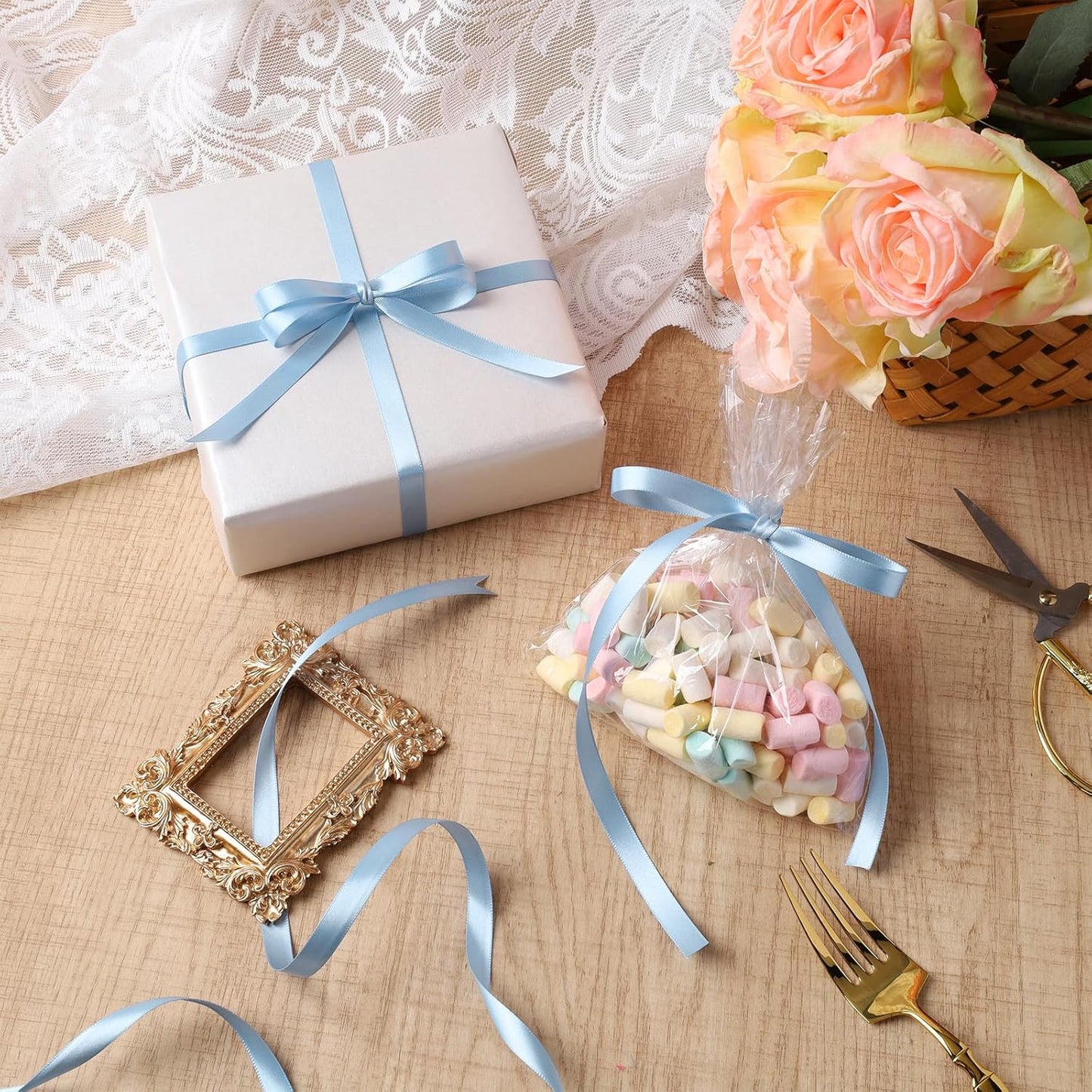 LaRibbons Light Blue Satin Ribbon 3/8 Inch 50 Yards Thin Luxury Double Faced Sky Blue Silk Ribbon for Flower Bouquet Crafts Gift Wrapping Wedding Babyshower Decoration