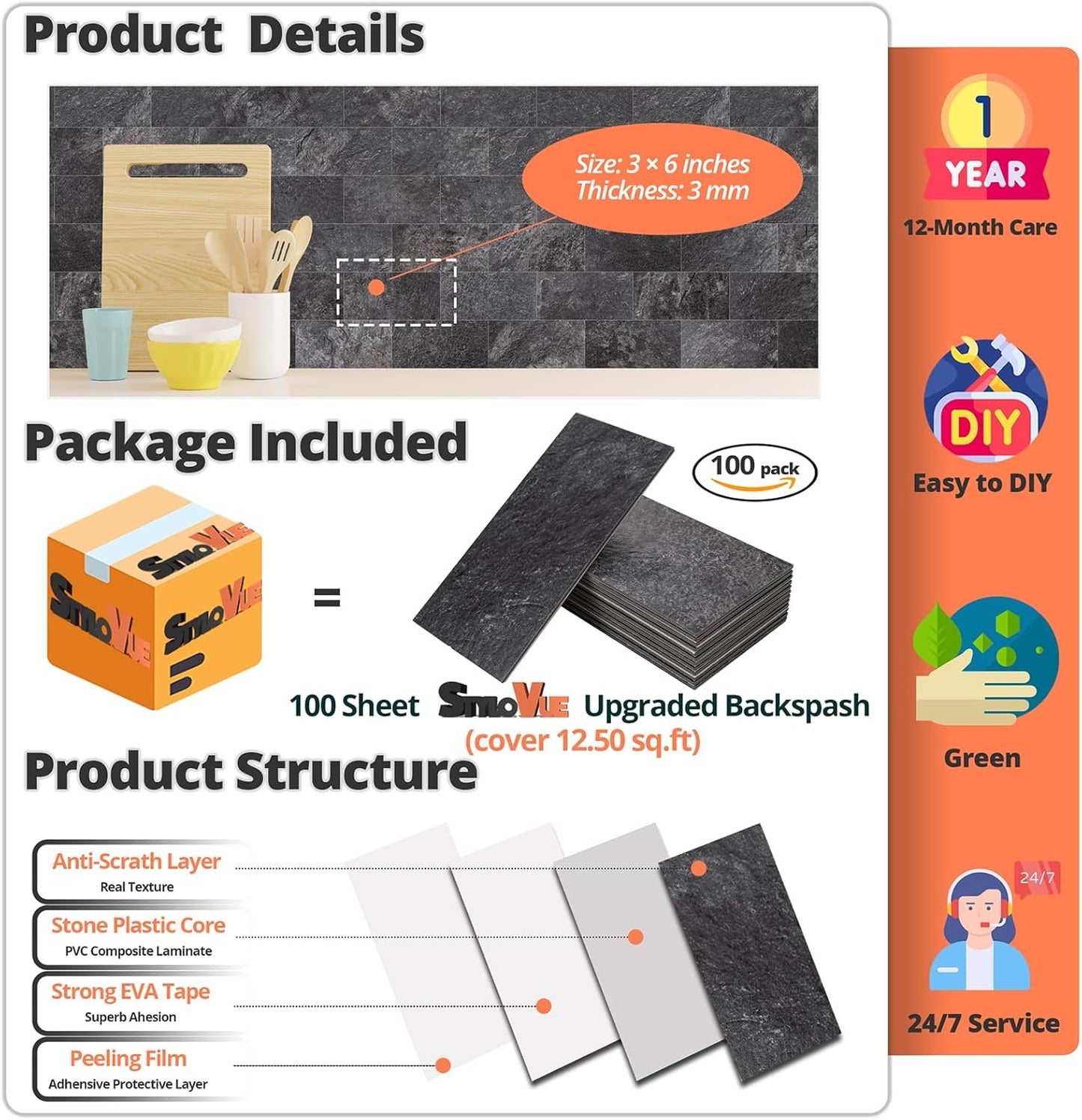 100 Pieces Peel and Stick Backsplash for Kitchen, 3" x 6" PVC Subway Tile 2025 Upgraded Graphite Stone Backsplash Stick on Tile Elevate Kitchen Fireplace RV