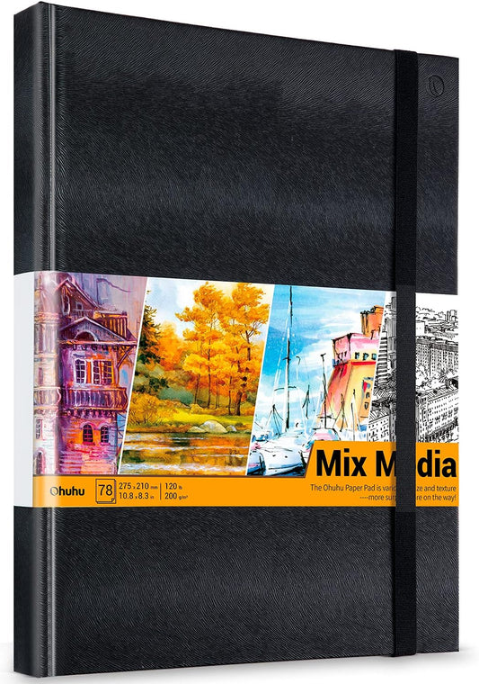 Ohuhu Mix Media Pad - 10.8"x8.3" Mixed Media Art Sketchbook, 120 llb/200 GSM Heavyweight Papers, 78 Sheets/156 Pages, PU Hardcover Mixed Media Paper Pad for Acrylic Painting Christmas Gift