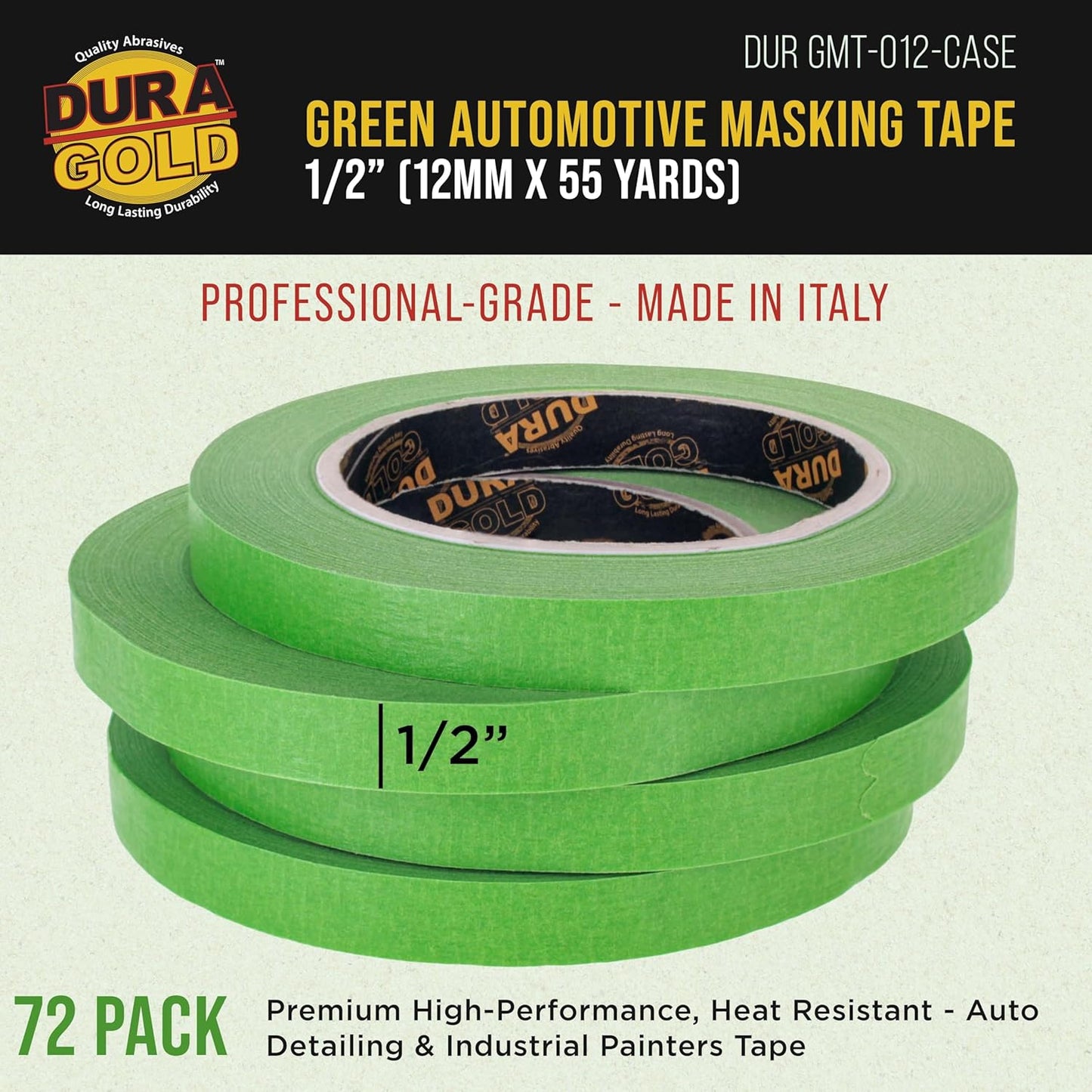 Dura-Gold Green Automotive Masking Tape 1/2 Inch (12mm x 55 Yards), Case of 72 Rolls - Premium High-Performance, Heat Resistant - Auto Refinish Painting, Car Detailing, Autobody Repair, Painters Tape