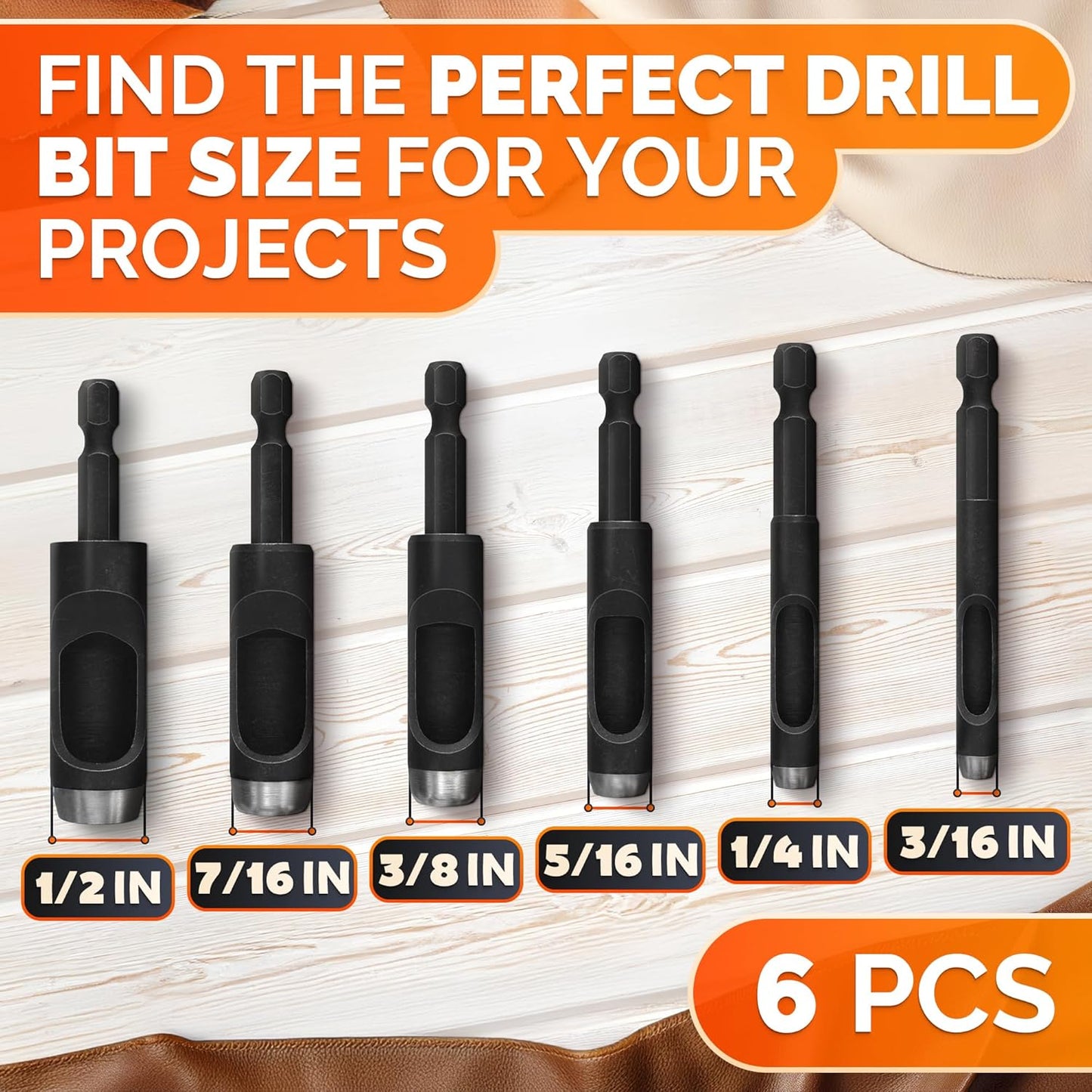 Leather Hole Punch Tool Set - 6 Pcs Drill Bits 3/16" 1/4" 5/16" 3/8" 7/16" 1/2" - High-Precision Leather Punch Tool for Belts, Fabric, and Crafts - Durable Carbon Steel, Sharp and Efficient