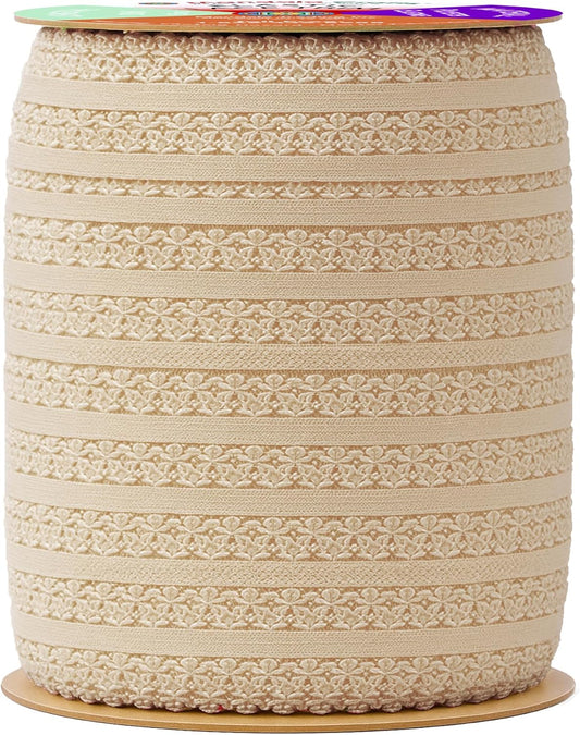 Mandala Crafts Beige Stretch Lace Soft Elastic Trim Roll - 55 Yards 1 Inch Wide Stretchy Frilly Picot Ribbon for Sewing Lingerie, Headbands, Underwear, and Crafts