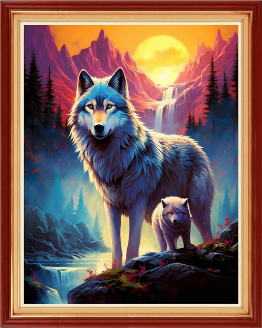 Joyhoor Cross Stitch Kits for Beginners Stamped Cross-Stitch Supplies Needlework preprint Embroidery Kits for Adults DIY Needlepoint Kits Embroidery Patterns 11CT-Sunrise Wolf 16x20 inchs