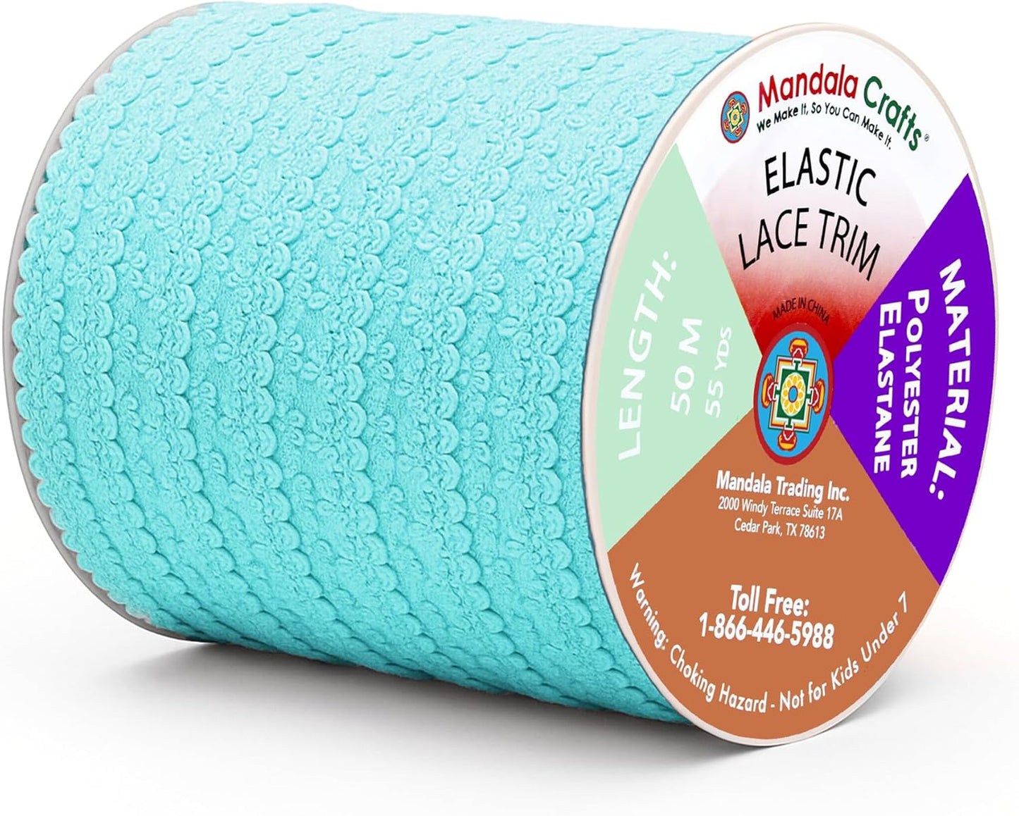 Mandala Crafts Aquamarine Stretch Lace Soft Elastic Trim Roll - 55 Yards 1 Inch Wide Stretchy Frilly Picot Ribbon for Sewing Lingerie, Headbands, Underwear, and Crafts