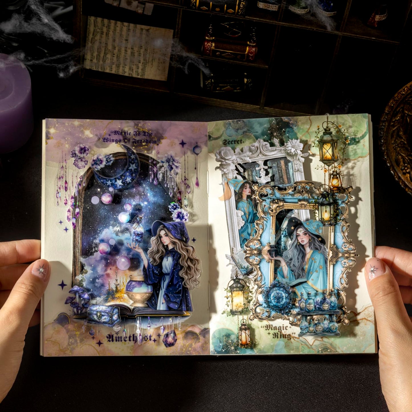 Magic-Themed PET Sticker Tape Set – 6 Rolls Pre-Cut Fantasy Witch Designs, Adhesive, with Clip for Scrapbook, Journal and DIY Decoration