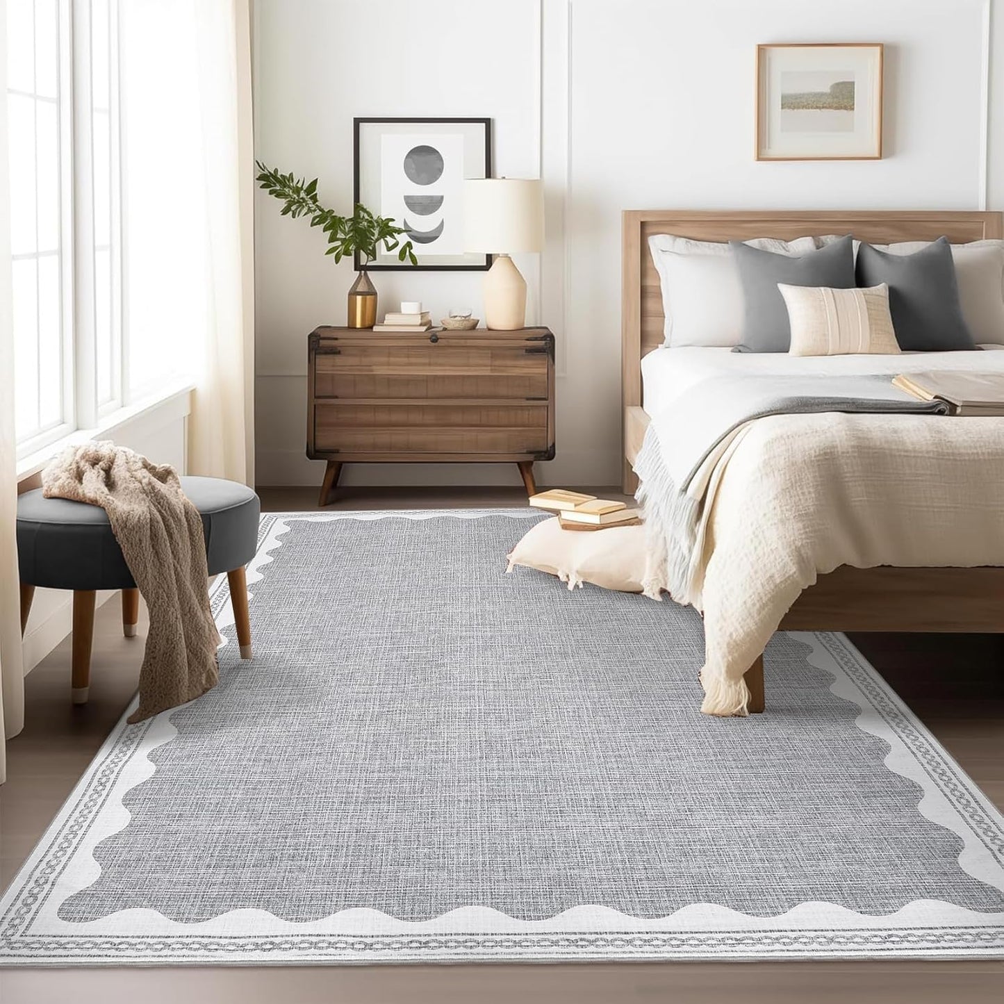 Scalloped Washable Rugs for Living Room, Solid Grey 6x9 Area Rugs for Bedroom Girls, Non Slip Scalloped Rug with Rubber Back, Soft Dorm Nursery 6x9 Rugs for Dining Room
