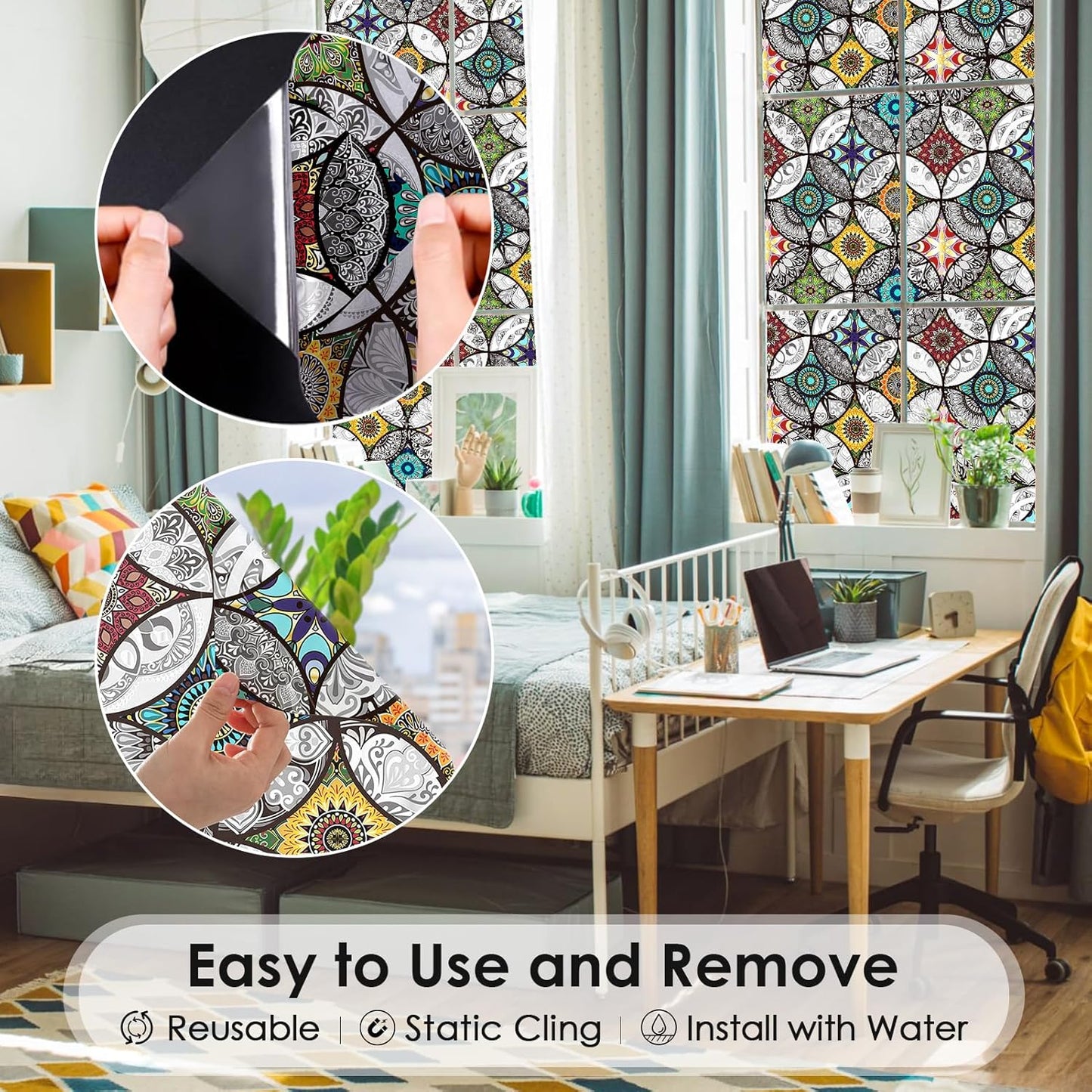 DKTIE Boho Chic Window Privacy Film with Installation Tools - Soften Light, Reduce UV Rays, Decorative Stained Glass Window Tinting Film for Home, Window Clings, 17.7 x 118.1 Inch