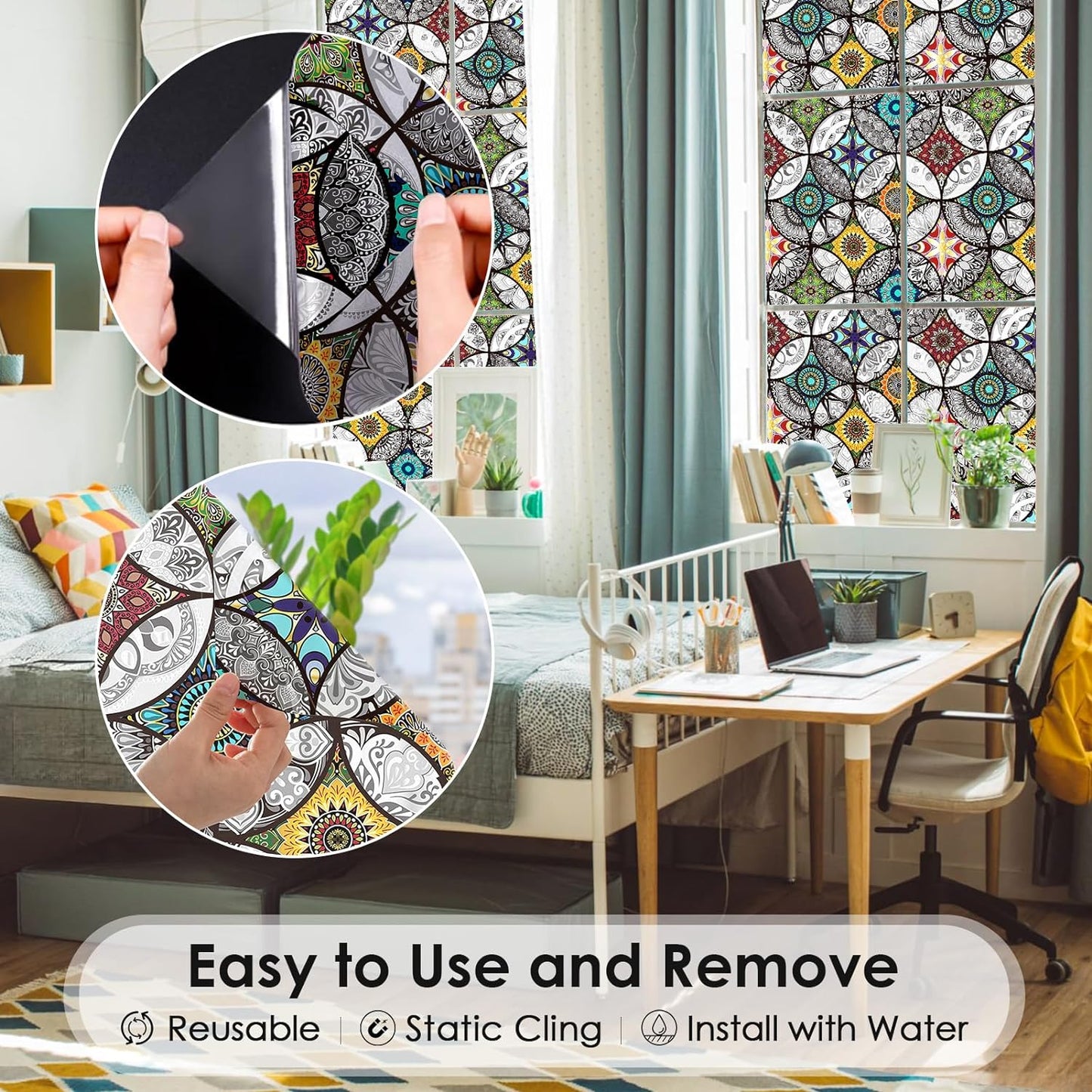 DKTIE Boho Chic Window Privacy Film with Installation Tools - Soften Light, Reduce UV Rays, Decorative Stained Glass Window Tinting Film for Home, 17.7 x 78.7 Inch