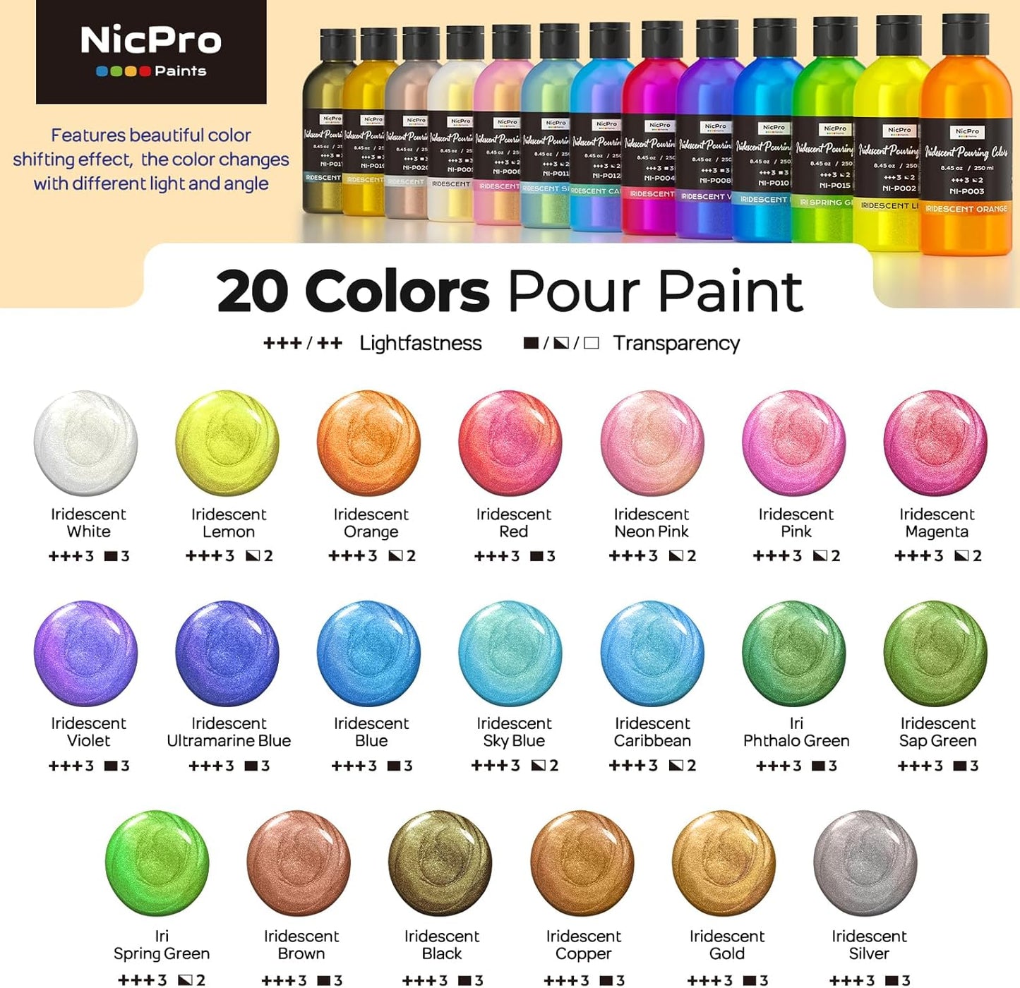 Nicpro 20 Colors Iridescent Metallic Acrylic Pour Paint Supplies Kit, 8.45oz Large Ready to Pour Premixed High Flow Pouring Paint Set with Silicone Pouring Oil, Gloves, Instructions for Beginner DIY