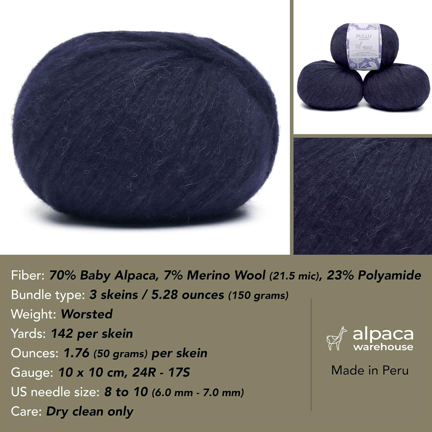 Pullu - Baby Alpaca Merino Wool Yarn Set of 3 Skeins (150 Grams) Worsted Weight - Sourced Directly from Peru - Heavenly Soft and Perfect for Knitting and Crocheting (Navy Blue)
