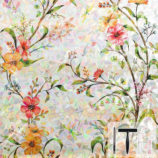 NINETREX Window Privacy Film,Stained Glass Window Film,Rainbow Decorative Stickers Static Cling Anti UV Heat Control for Home Decor (Galsang Flower,23.6 x 157.4inch)