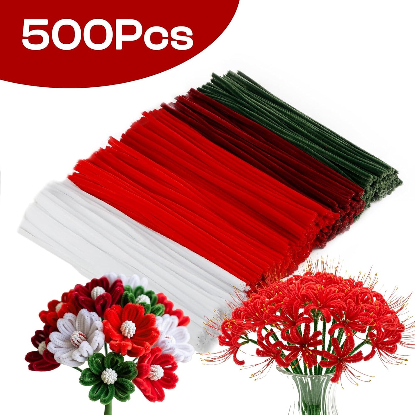 Caydo 500 Pieces Red White Green Pipe Cleaners, Chenille Stems, Pipe Cleaner Crafts for DIY Art and Craft Projects Creative Gift Party Christmas Decorations
