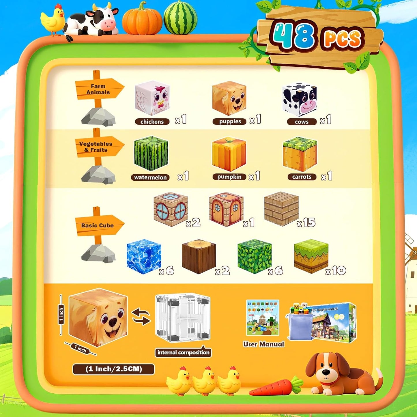 Magnetic Blocks Building Toys for Kids: Magnetic Blocks for Kids Ages 3-4, 8-12, 1" Magnet Cubes STEM Toys for Boys & Girls,Christmas Birthday Gifts for Toddler Ages 3+, 48PCS Blocks Farm Theme