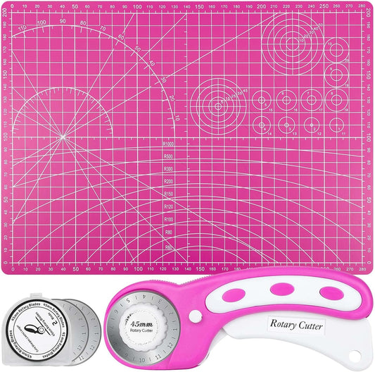 Rotary Cutter and Mat Set, Audab Self Healing Sewing Mats Shirt Cutter 45mm Fabric Cutter Wheel with 2 Blades Rotary Cutting Mat for Crafts Fabric Quilting Hobby (9" x 12" (A4)