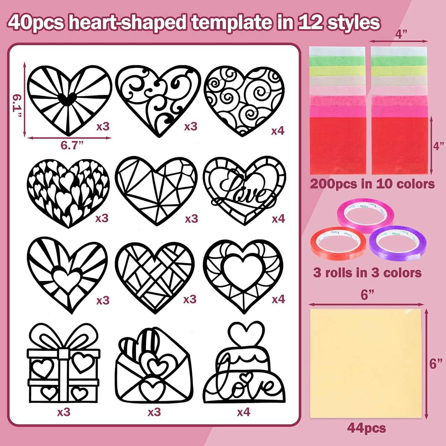 Renbuzhu 40PCS Valentines Day Crafts: Paper Heart Suncatchers, Valentine's Classroom DIY Kits, Window Stained Glass Effect Art Supplies