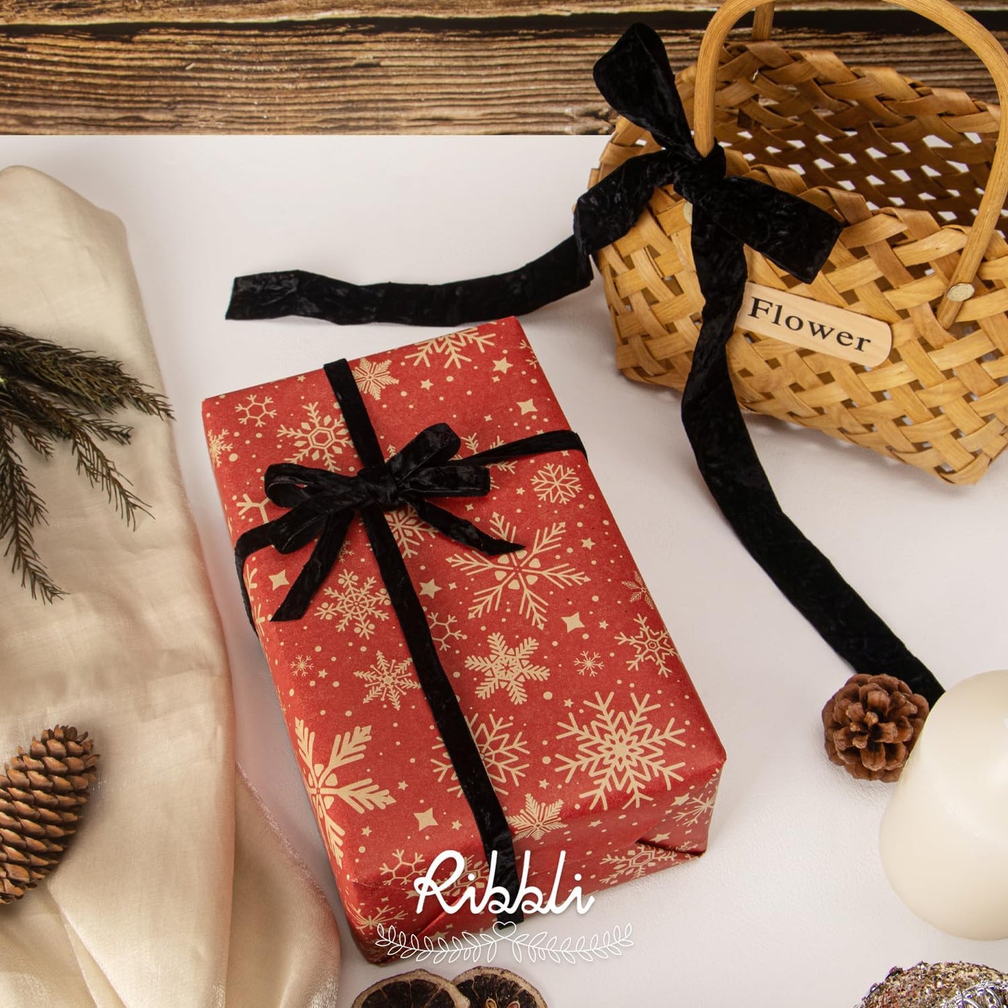 Ribbli Black Velvet Ribbon 1 Inches Luxury Crinkled Black Christmas Ribbon for Gift Wrapping Crafts Home Decor-Continuous 10 Yard