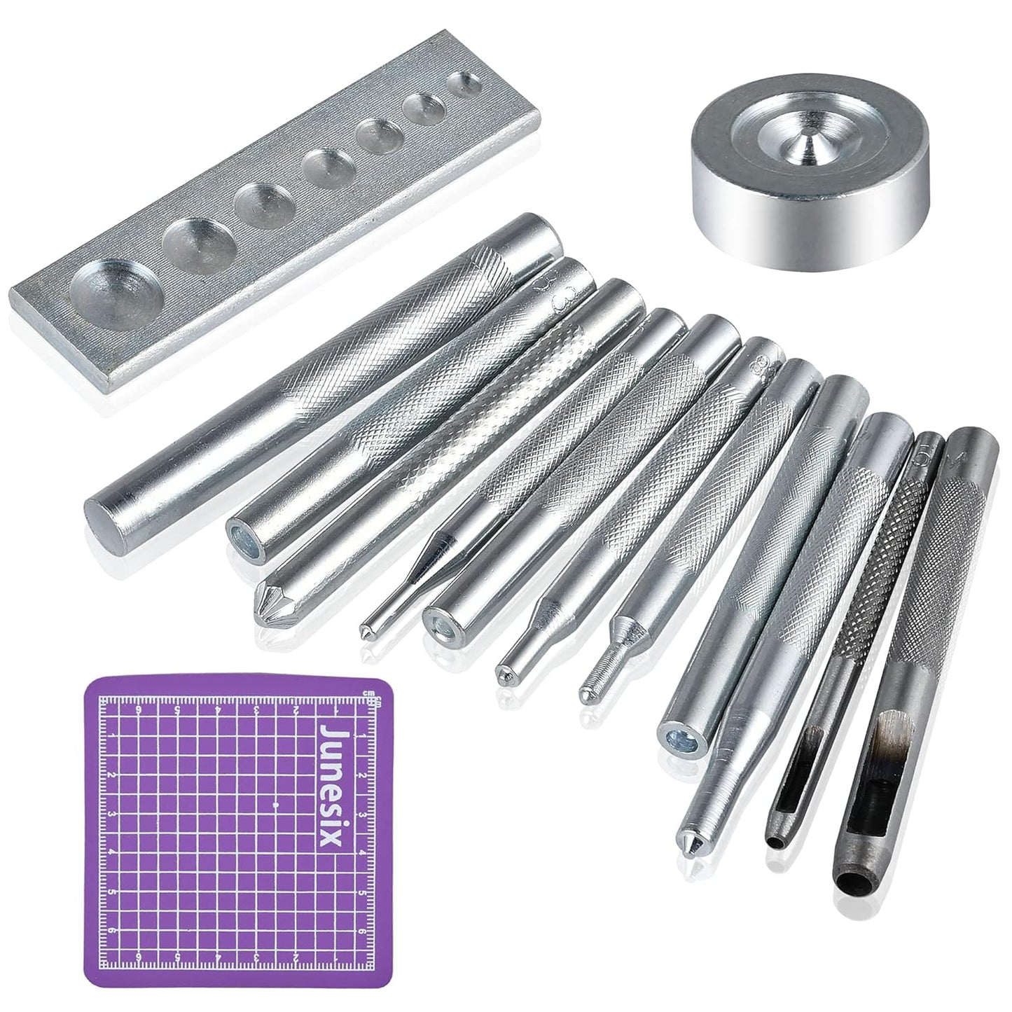 14Pcs Rivet Setter, Leather Die Punch Snap kit, Stainless Steel Rivet Setting Tool for Bag Making DIY Leather Crafts with Non Slip Base