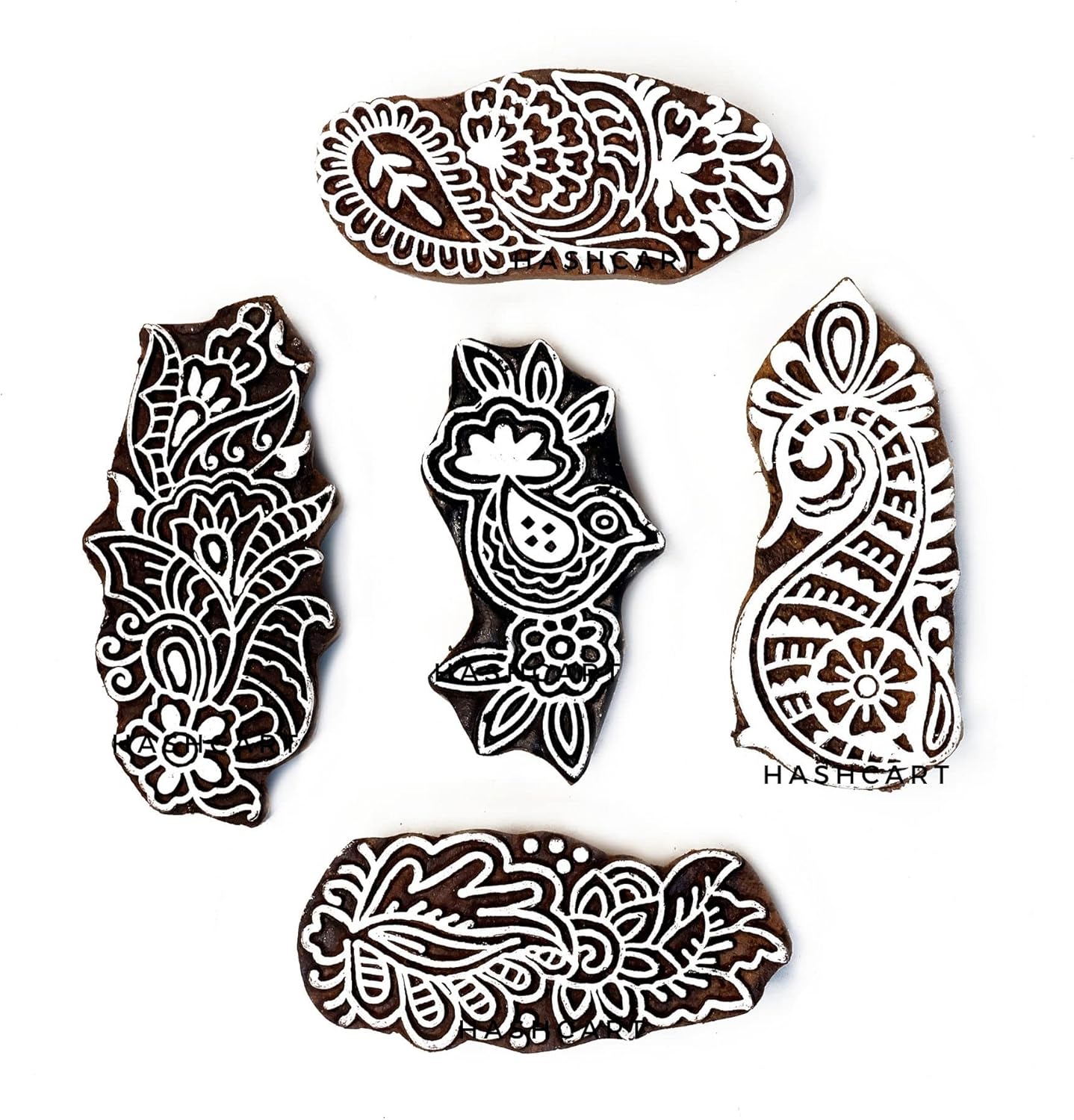 Wooden Stamps for Block Printing on Saree Border, Textile, Clay, Pottery, Tattoo Set of 5 - Handcrafted Block Printing Stamps for Kids' Art Projects HASHCART®