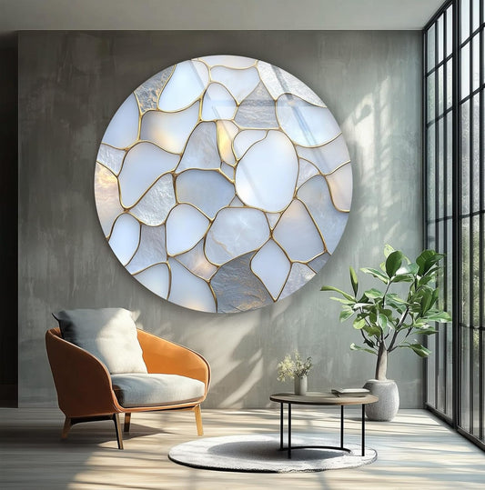 My Photostation.com 20''(50cm) Diameter White Stone Mosaic Round Glass Wall Art Tempered Glass Printing Wall Decor Large Wall Art Wall Hangings