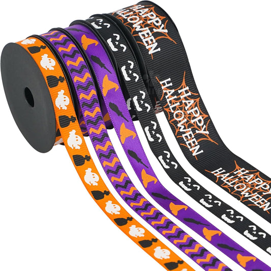 MEEDEE 3/8 inch 1 inch Halloween Ribbon Set Spooky October Ribbon Assortment 5 Rolls 10 Yards Halloween Crafts, Fall Gift Wrap, Party Decorations, Autumn Wreaths, Trim Bundle, Wreath Bow Supplies