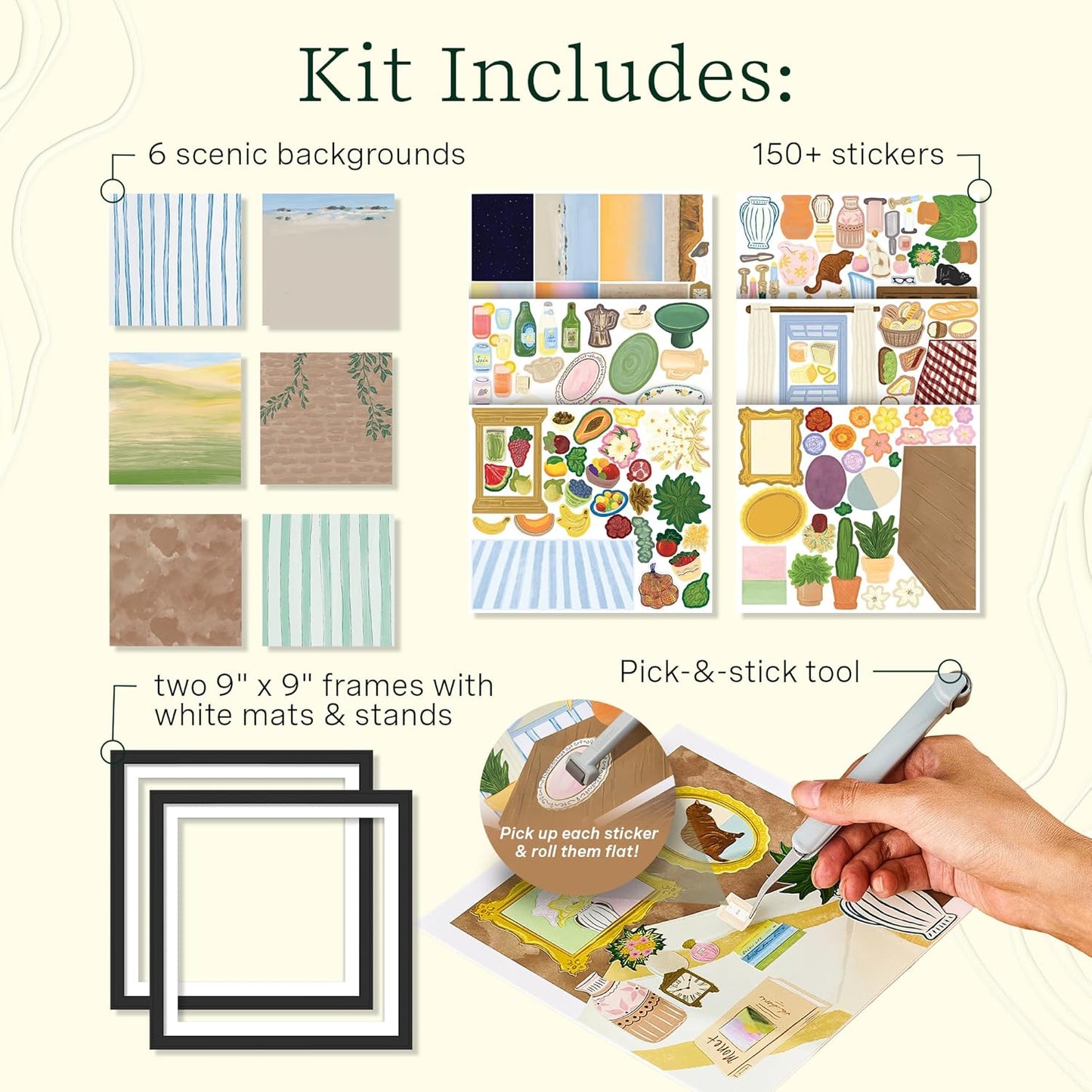 Lifelines FlowCrafts, Collage Art Kit - Miniature Framed Collages from 6 Scenic Backgrounds, 150+ Stickers & 2 Picture Frames - Sensory Arts & Crafts Kit for Teens & Adults - DIY Wall Décor