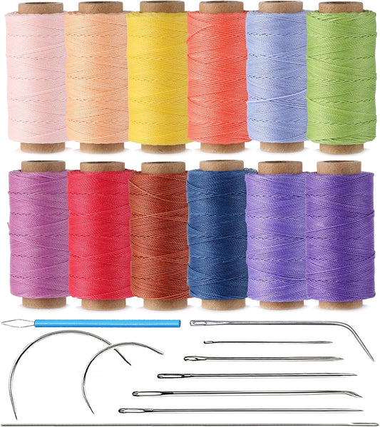 10-Year Popular Assorted Colors Round Waxed Thread -0.55mm 70 Yards 12 Spools Stiff Polyester Wax Cord for Beading, Leather Sewing, Bookbinding, Bracelets Braiding, Micro Macrame Craft Making