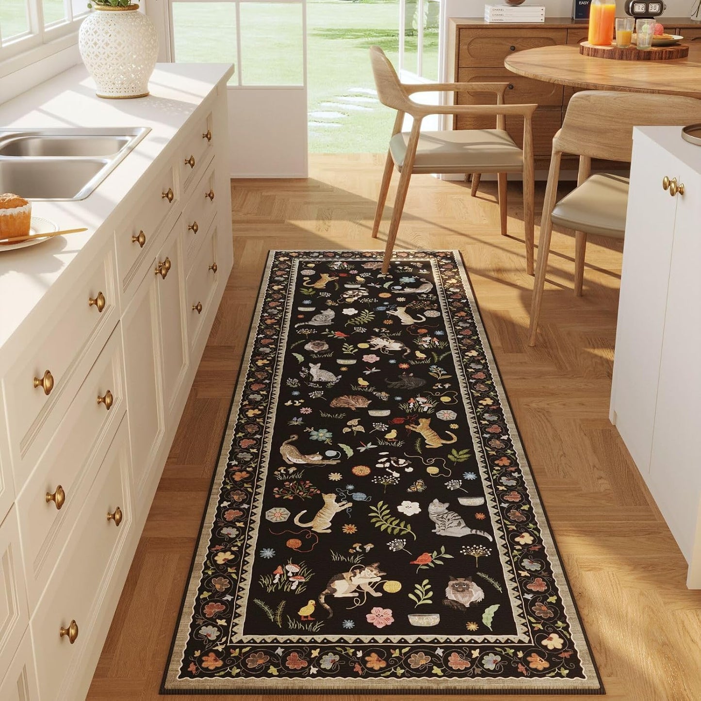 Rugcomf Runner Rug for Kitchen Non Slip 2'x6' Washable Rugs with Rubber Backing Soft Floral Animal Cat Carpet Runner for Kitchen Laundry Bedroom Bathroom, Black