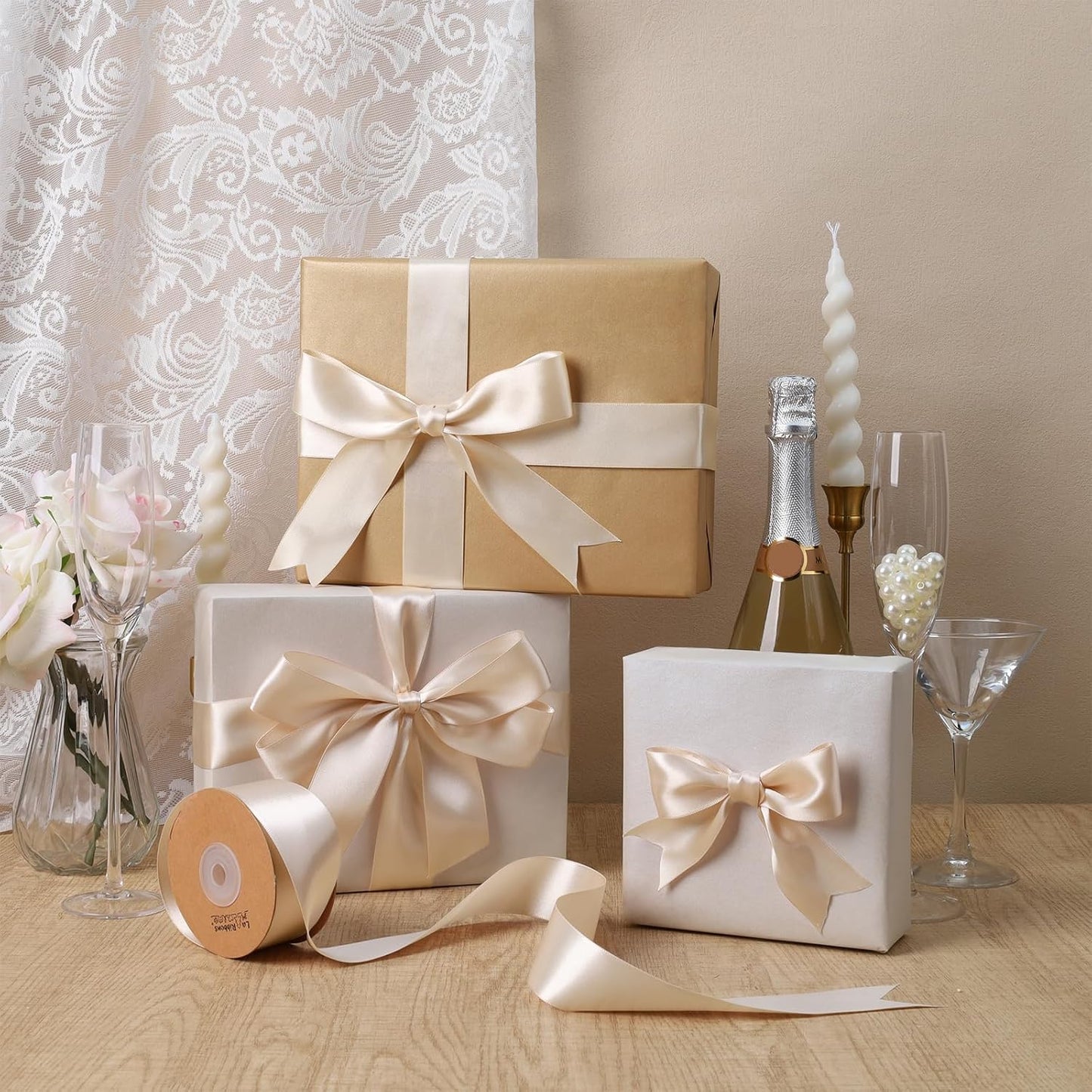 LaRibbons Nude Satin Ribbon 1 1/2 Inch 50 Yards Luxury Double Faced Ivory Silk Ribbon for Flower Bouquet Crafts Gift Wrapping Wedding Bow Christmas Decoration