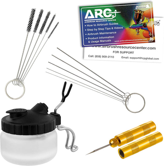 Master Airbrush 13 Piece Airbrush Cleaning Kit - Glass Cleaning Pot Jar with Holder, 5 pc Cleaning Needles, 5 pc Cleaning Brushes, 1 Wash Needle, & How to Link Card