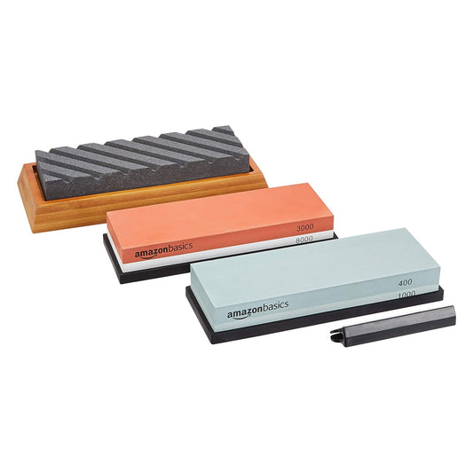 Amazon Basics Whetstone Knife Sharpening Wet Stone Dual Sided 400/1000 and 3000/8000 Grit Stones, Flattening Stone, and Non-Slip, Bamboo Base, 3 Count (Pack of 1), Black & Grey