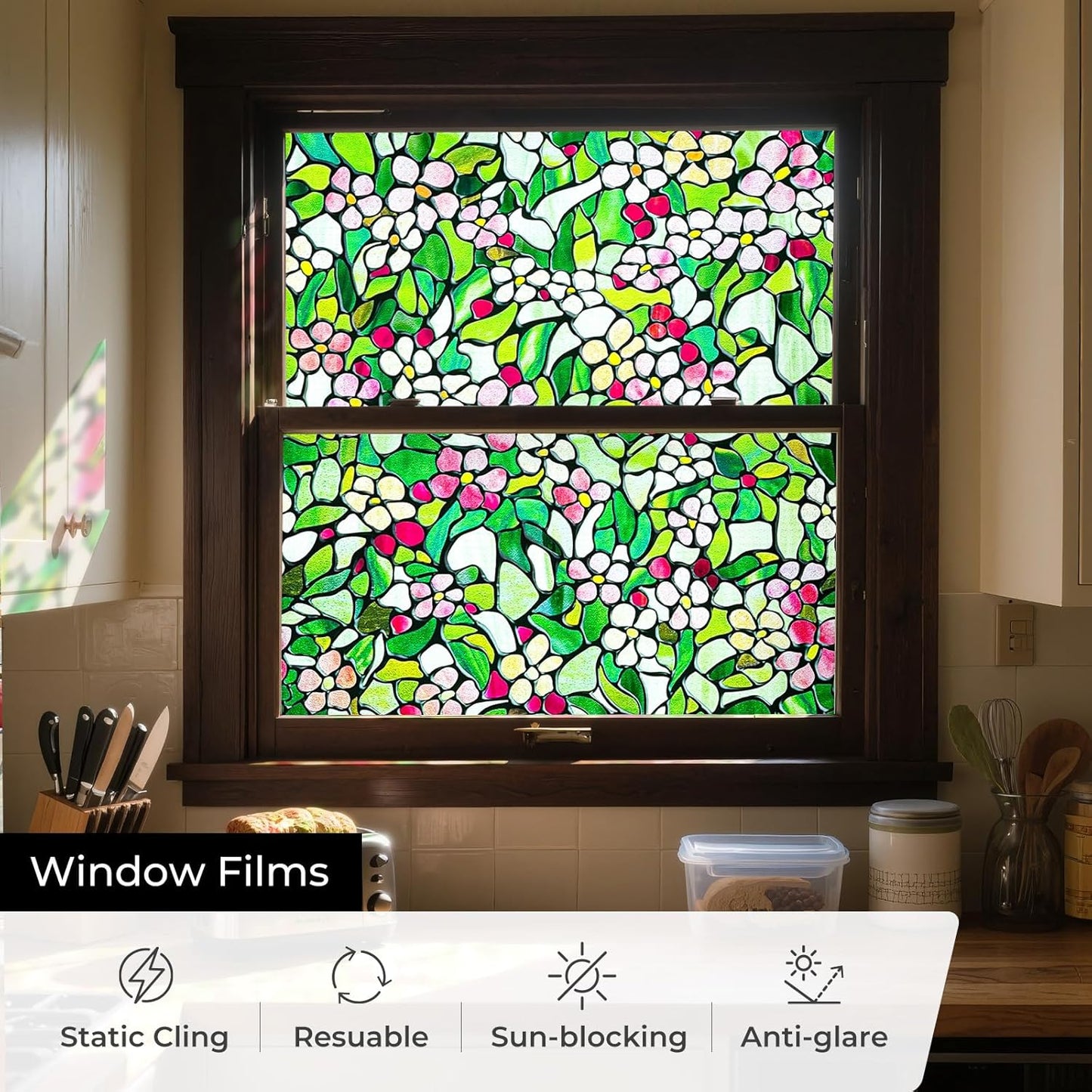3D Stained Glass Window Film, Decorative Window Privacy Film for Bathroom,Front Door,Home, Sun Blocking Heat Control,Static Cling,23.6inch x 35.4inch Blossomray