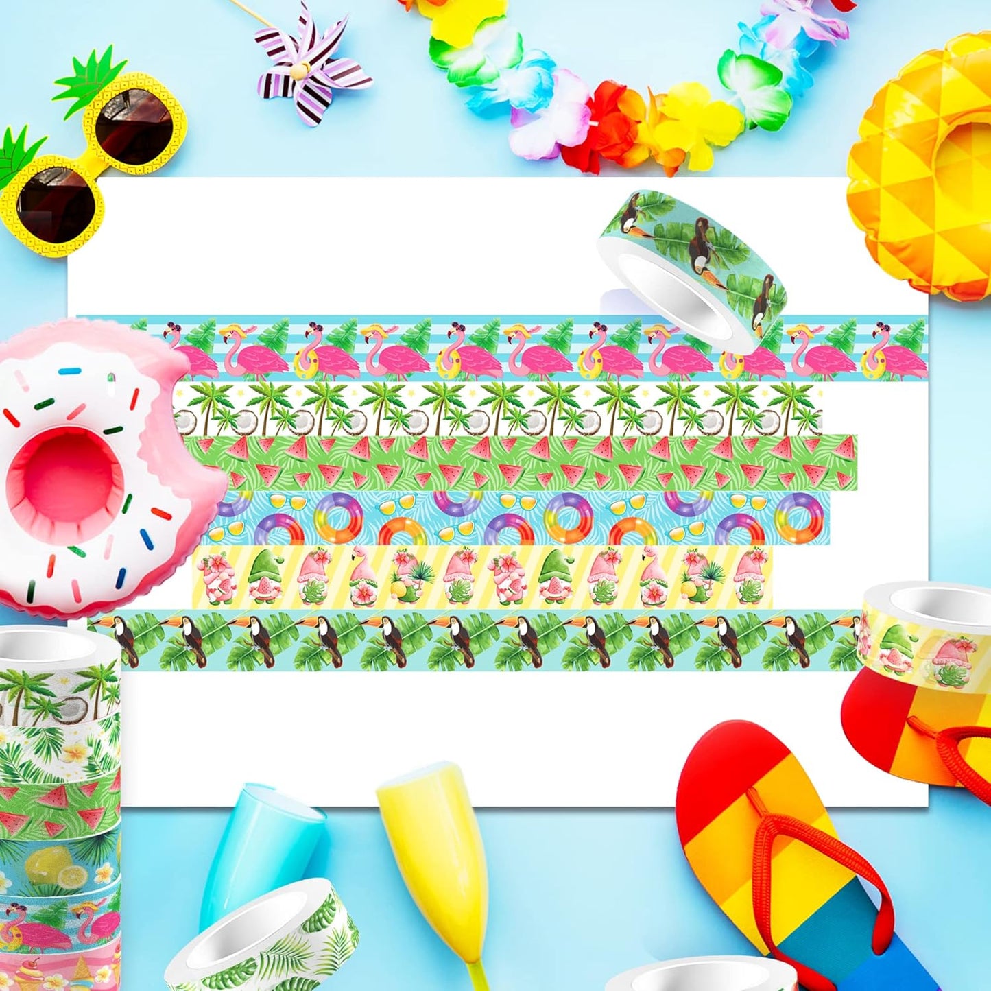 Summer Washi Tape 12 Rolls Aloha Masking Tape Hawaiian Theme Decorative Paper Stickers Flamingo Lemon Watermelon Tape Sticker,for DIY Crafts and Scrapbooking