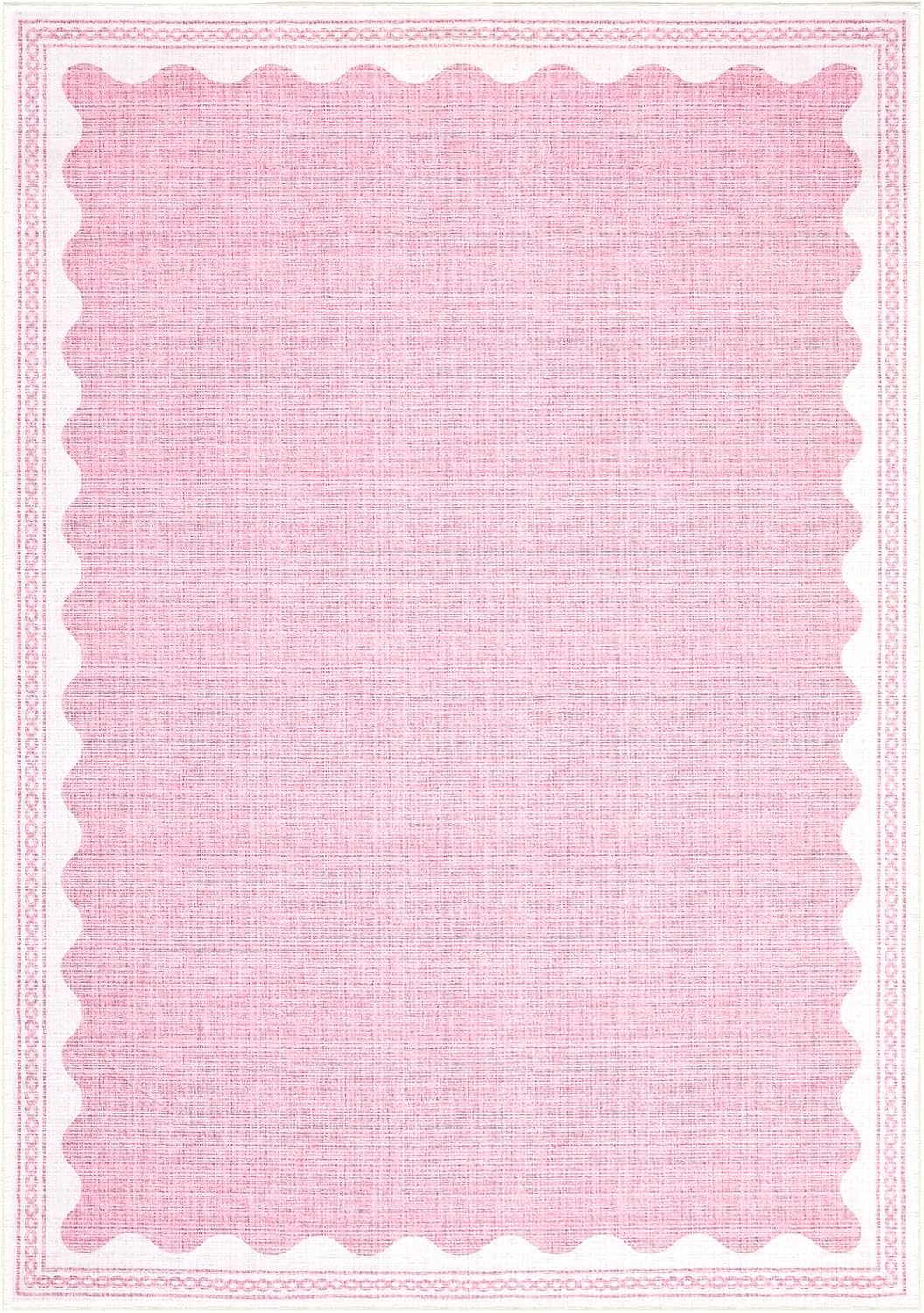 Scalloped Washable Rug 9x12 Area Rugs for Living Room, Solid Pink Rug for Bedroom Girls, Non Slip Throw Mat with Rubber Back, Soft Dorm Nursery 9x12 Carpet for Dining Room