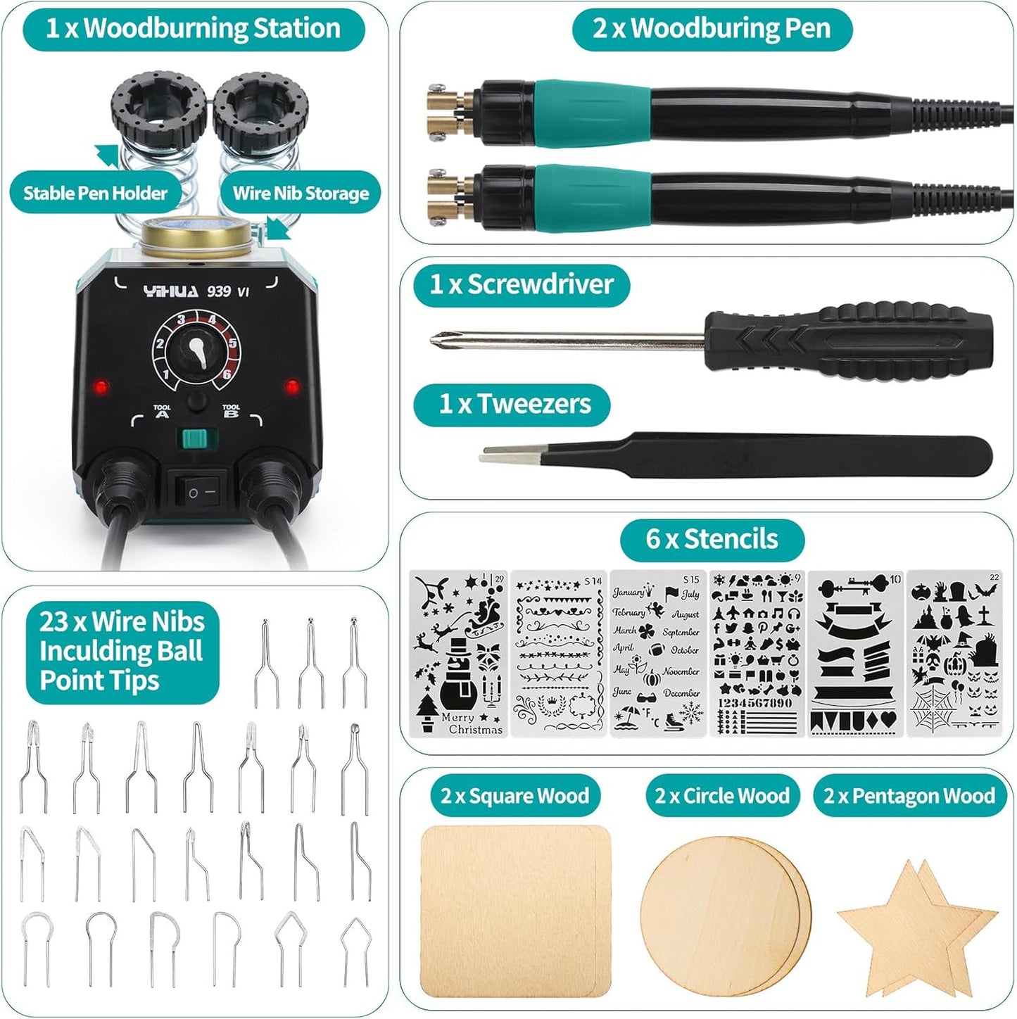 YIHUA 939-VI Dual Wood Burning Pen Wood Burning Kit with 23 Wire Nib in Varied Shapes, Detachable Pyrography Pen, 6 Wood Pieces, 6 Stencils and Screw Driver, Tweezers Used as Wood Burning Tool