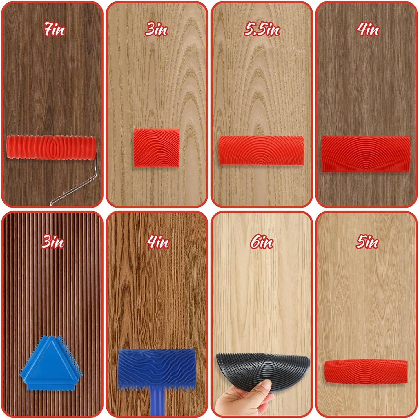 8 PCS Wood Grain Tool Set, 7" Textured Pattern Roller with Handle, Rubber Wood Graining Tool for Wall Floor Furniture Wood Pattern Art Decoration