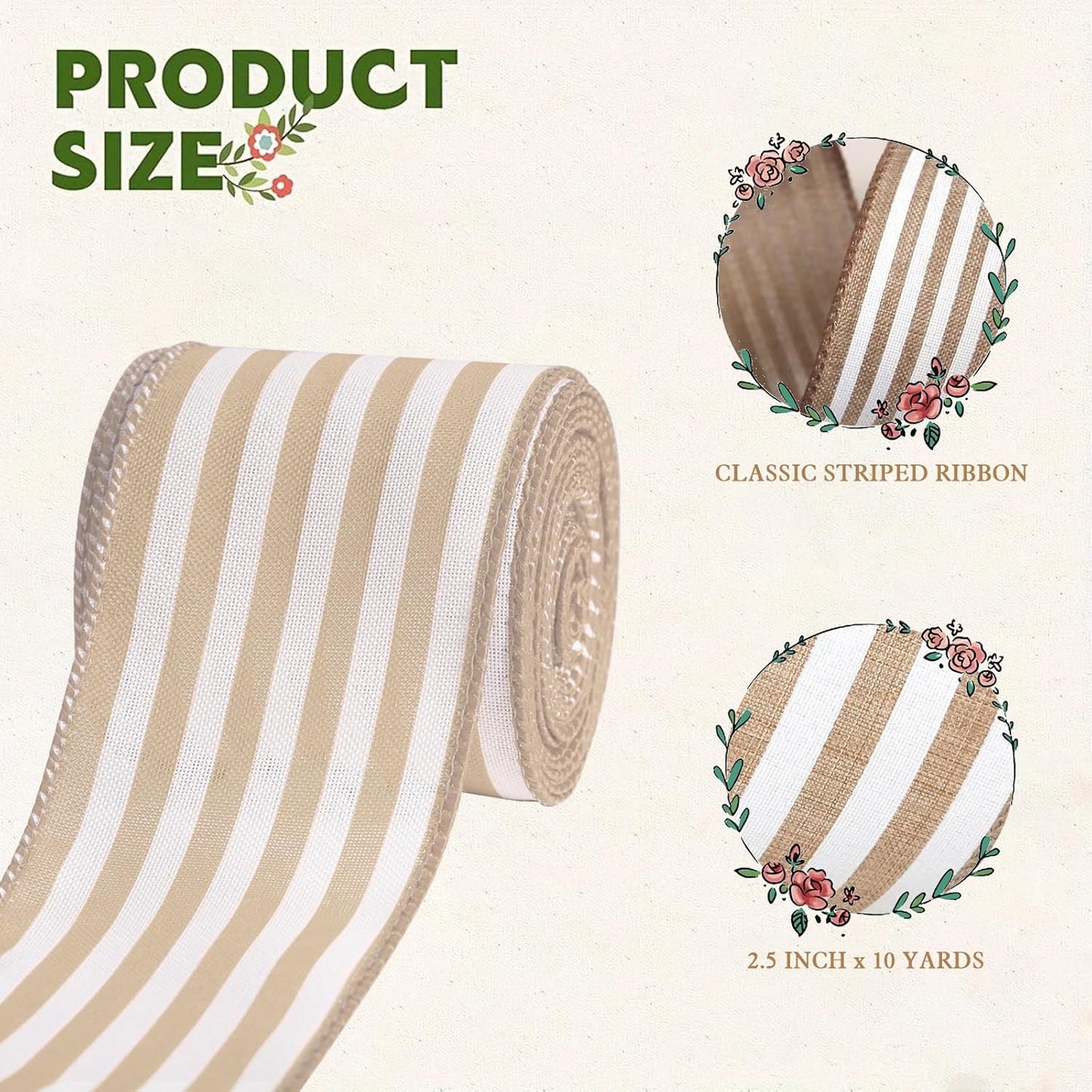 Burlap Ribbon Wired, Farmhouse Rustic White Stripe Ribbon for Gifts Wrapping DIY Crafts Floral Bows Wreath Making Party Supplies Holiday Home Decoration, 2.5 Inch x 10 Yards