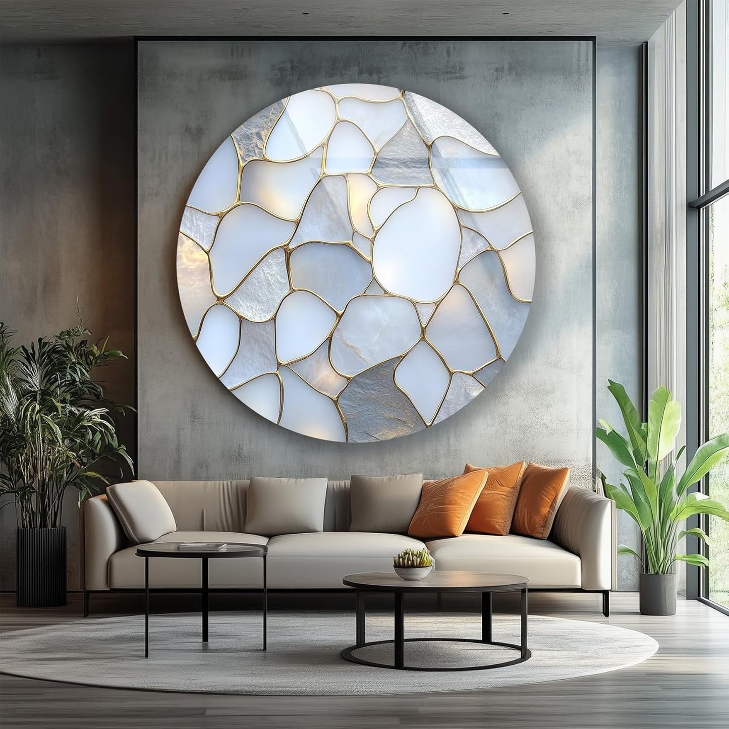 My Photostation.com 39,4''(100cm) Diameter White Stone Mosaic Round Glass Wall Art Tempered Glass Printing Wall Decor Large Wall Art Wall Hangings