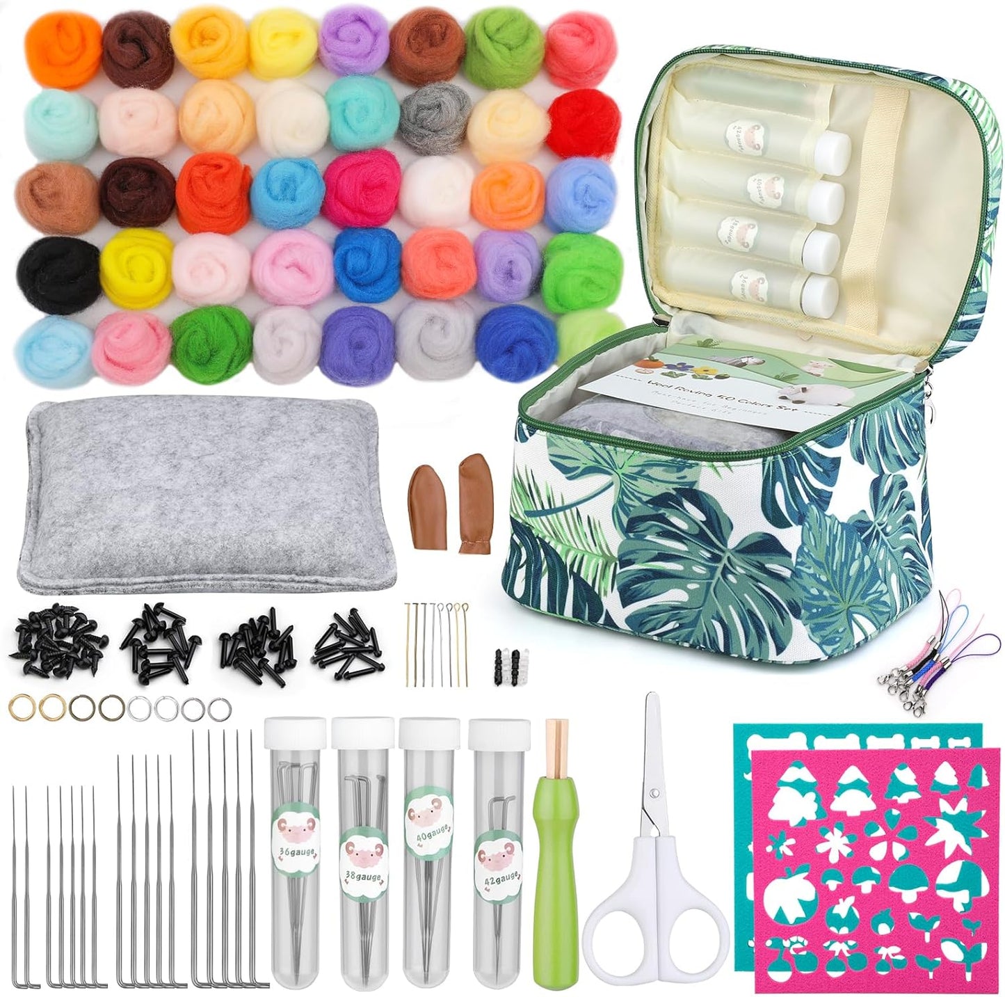 Needle Wool Felting Starter Kit with Exquisite Green Storage Bag, Wool Roving 40 Colors Set, Tools for Felted Animal Needle Felting Supplies