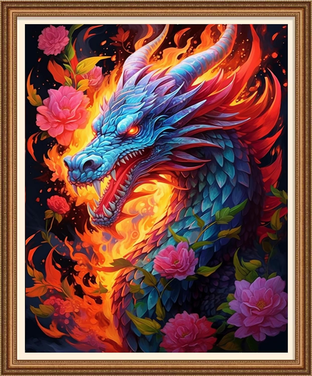 Disnesart Cross Stitch Stamped Full Embroidery Kits DIY 11CT Cotton Thread Printed DIY Needlepoint Kits Craft Needlework Set Cross-Stitch Stamped Sets-Flower Dragon 16x20 inch
