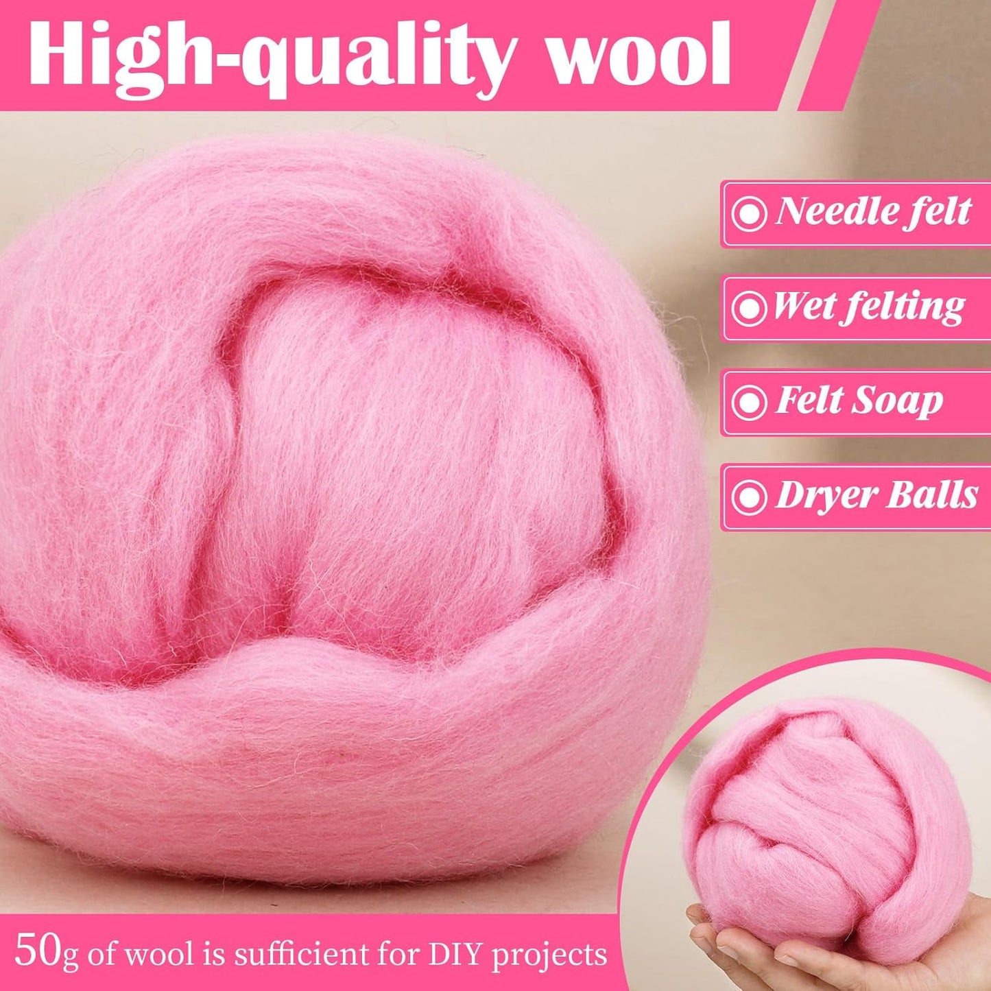 Mayboos Wool Roving Yarn, 1.76oz Colored Natural Wool Roving,Wool Felting Supplies Pure Wool Chunky Yarn for Wet Felting handcrafts and Spinning (Baby Pink)