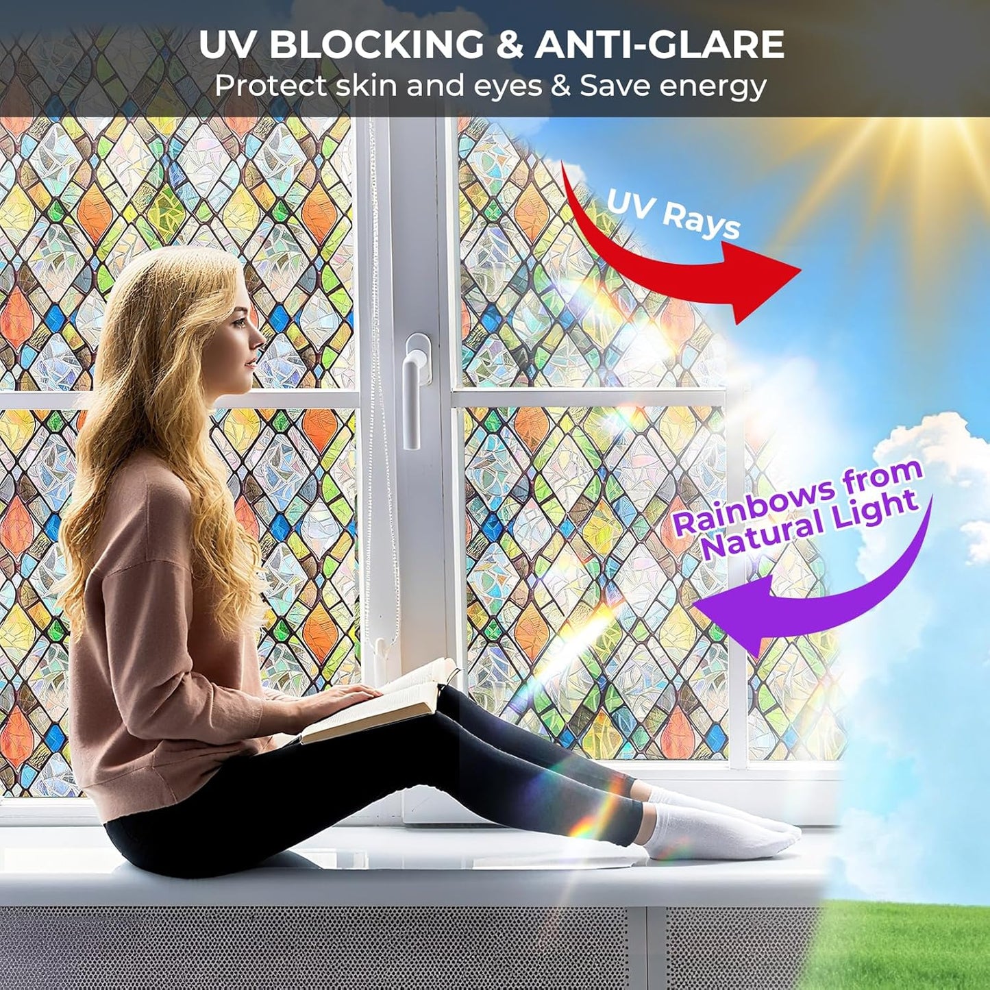 Window Privacy Film Rainbow Film Stained Glass 3D Static Cling Decorative Window Sticker for Bathroom,Front Door,Home Heat Control UV Blocking Non Adhesive,Diamond Grid 35.4 x 78.7inches