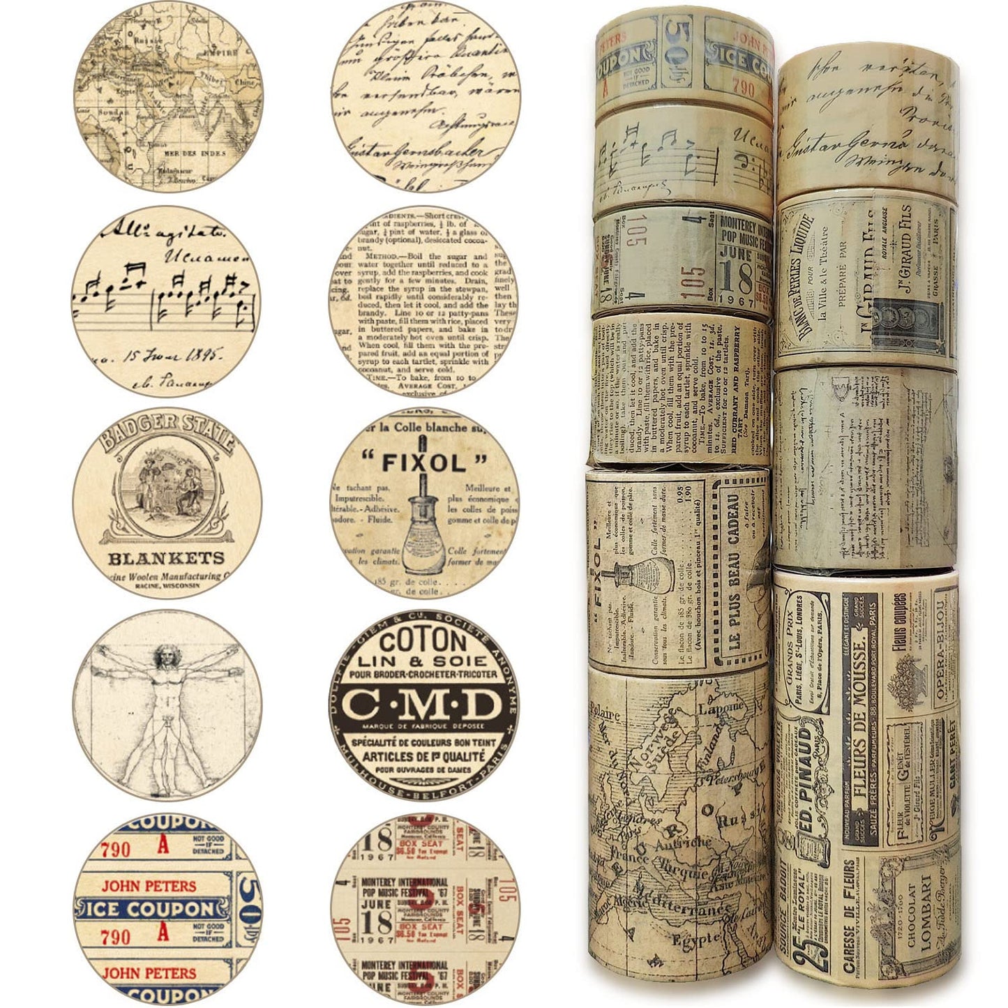 10 Rolls (Totally 98ft/30m) Vintage Washi Tape Set, Masking Tape Nostalgic Style Decor Sticker for DIY Craft Scrapbooking Bullet Journal Planner Gift Wrapping