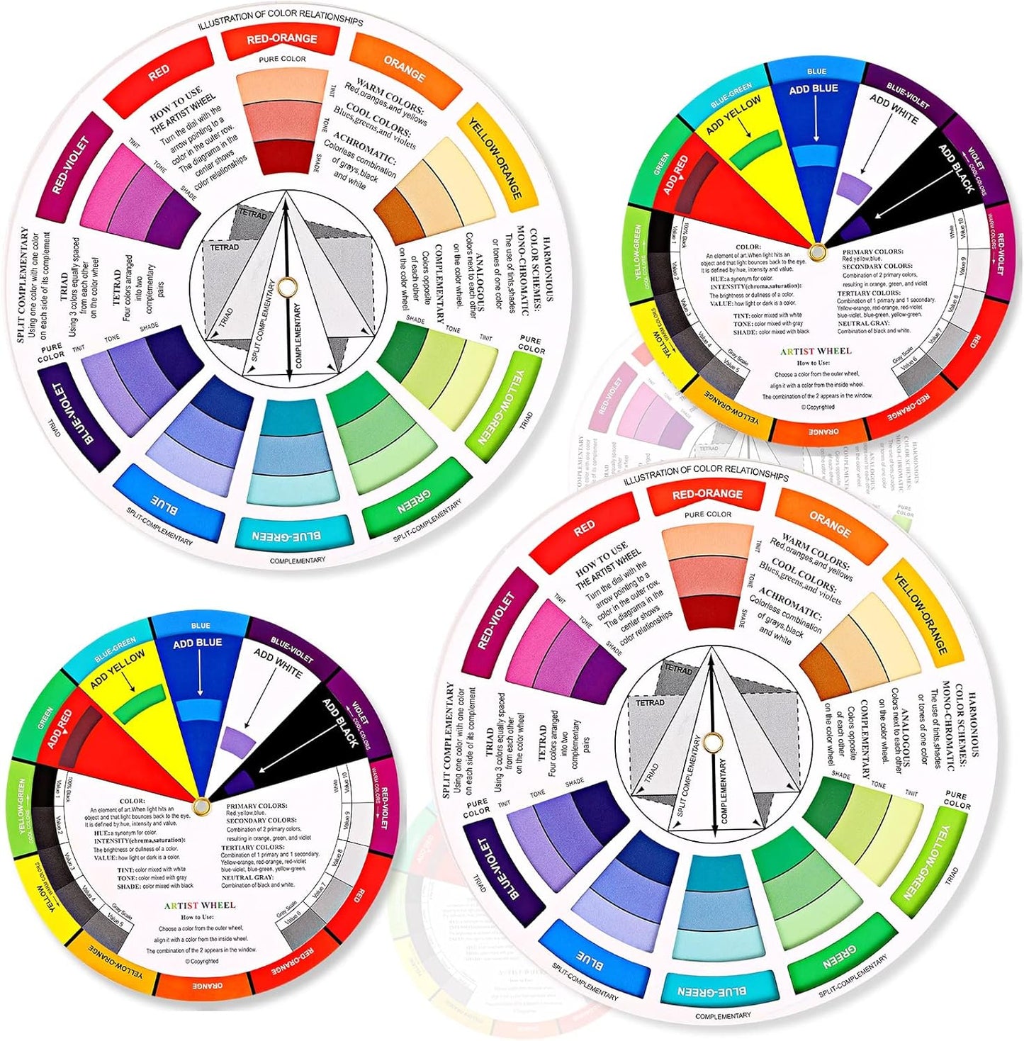 4 Pcs Color Wheel, Paint Mixing Learning Guide Art Class Teaching Tool - Blending Board Chart - Mix Colors (5.5 Inches, 9 Inches)