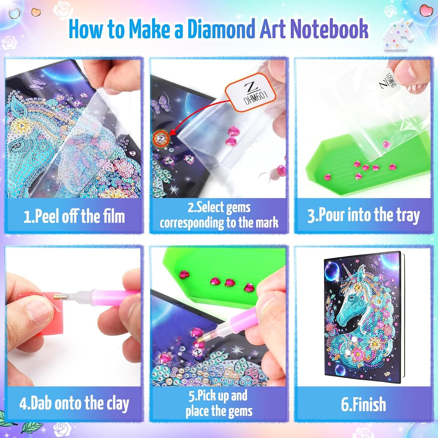 Unicorn Gifts for Girls 5 7 8 9 Year Old, Craft Kits for Kids Age 6 8 10 12 Diamond Painting Kit Unicorns Notebook Toys for 7-11 Year Olds Girls Birthday Gifts Gem Arts and Crafts for Kids Stationary