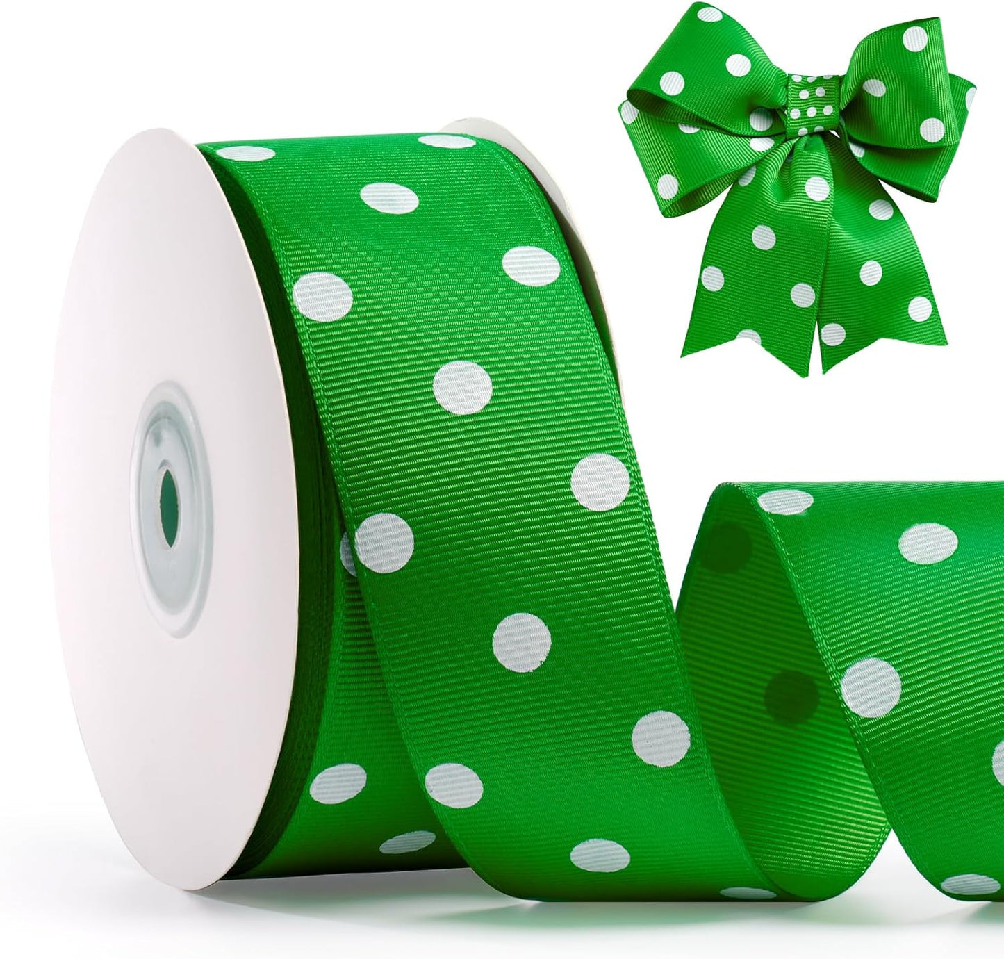 Polka Dot Grosgrain Ribbon 1.5 Inch, 25 Yards Spool Green and White Polka Dot Ribbon for Christmas Gift Wrapping DIY Crafts Hair Bows Wedding Party Decor Sewing and Home Decoration