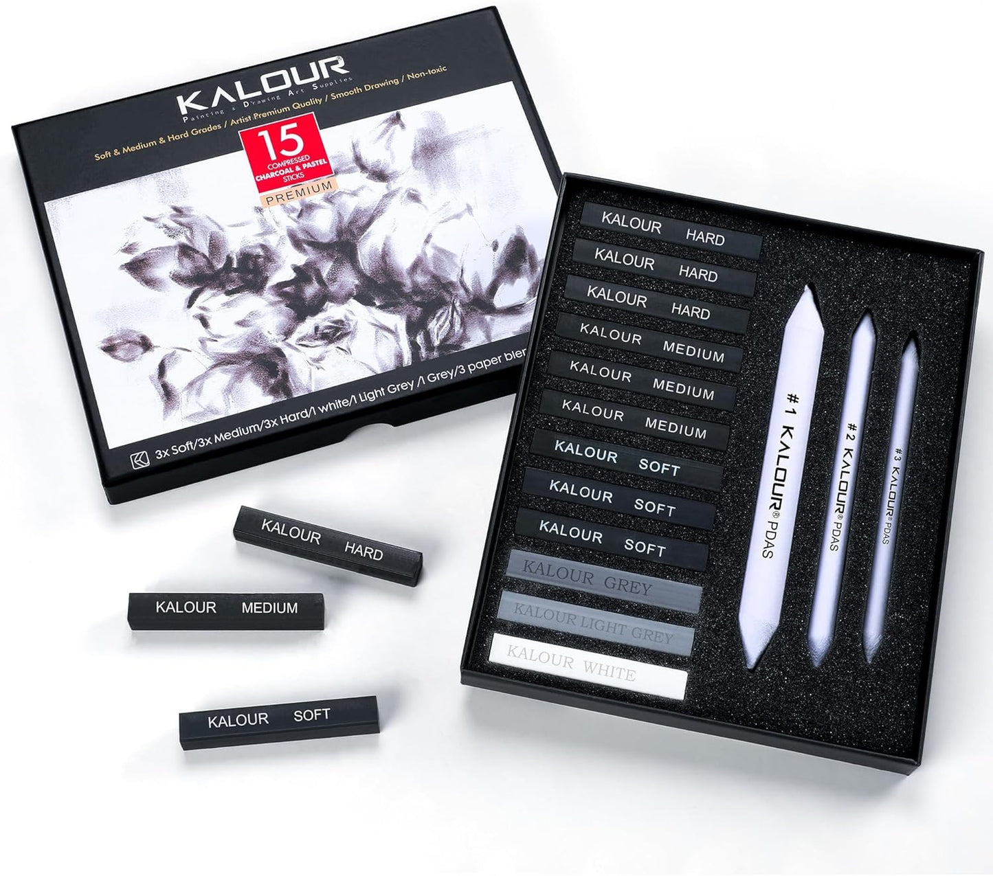 KALOUR 15 Pro Compressed Charcoal Drawing Set with Blending Stumps- Soft,Medium,Hard and White Charcoal - Charcoal Sticks for Drawing Sketching Shading - Art Supplies for Artists Beginners Adults