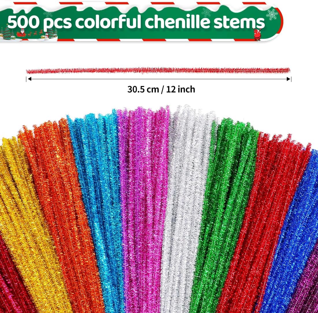 Eppingwin 500pcs Pipe Cleaners, Glitter Pipe Cleaners Craft Supplies, 10 Colors Chenille Stems for DIY Arts Crafts Project