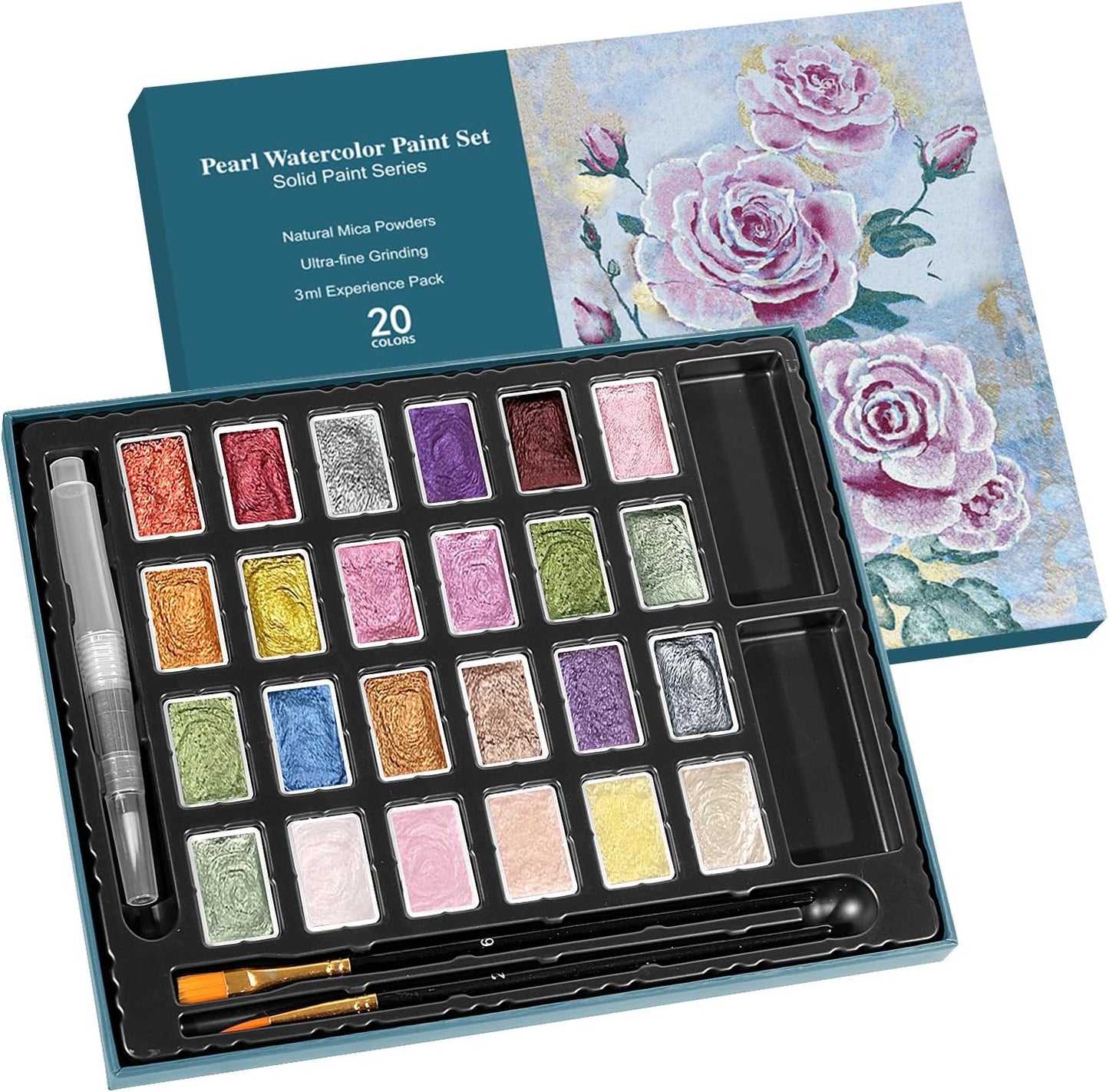 3ml Glitter Watercolor Paint Set with Paper, 24 Colors Shimmer Metallic Watercolour Painting Sets, Solid Pearl Water Color Paints for Adult, Kids, Rococo Style (Rococo 24Colors-L)