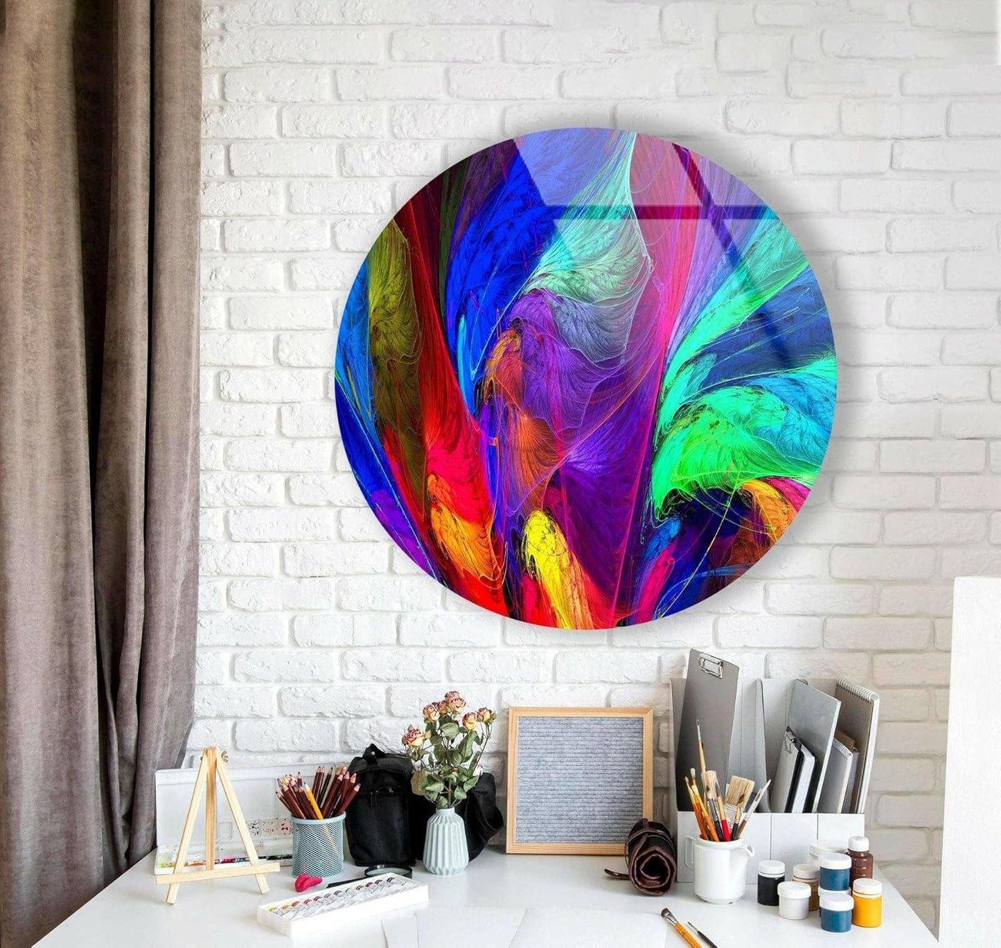 My Photostation.com 24''(60cm) Diameter Neon Colors Abstract Round Glass Wall Art Tempered Glass Printing Wall Decor Large Wall Art Wall Hangings